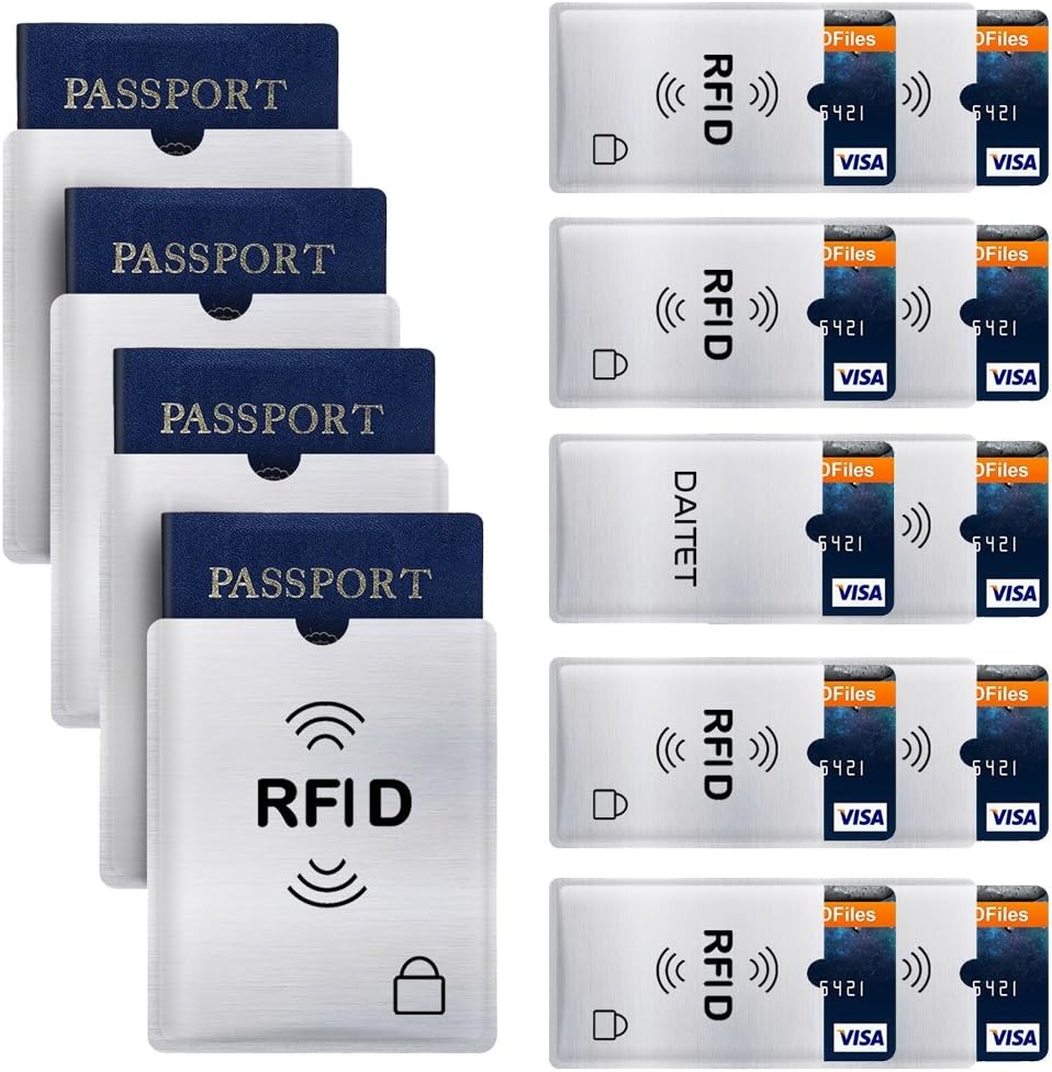 RFID Blocking Sleeves, Set of 10 Credit Card Holders & 4 Passport Protectors for Men & Women and Wallet Trifold Leather Bifold Wallet