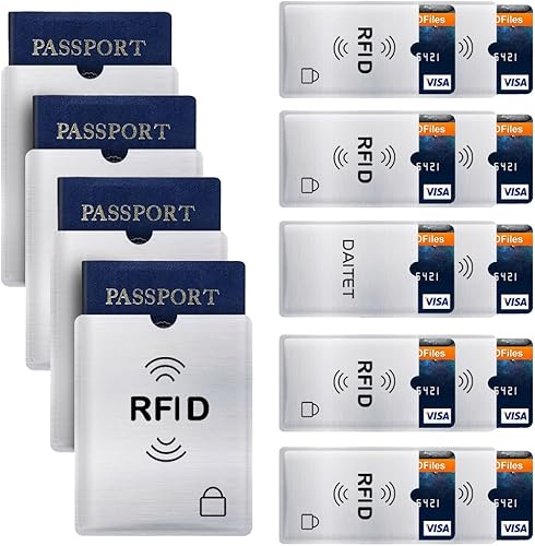 Fundas de bloqueo RFID, juego de 10 soportes para tarjetas de crédito y 4 protectores de pasaporte para hombres y mujeres y cartera plegable de