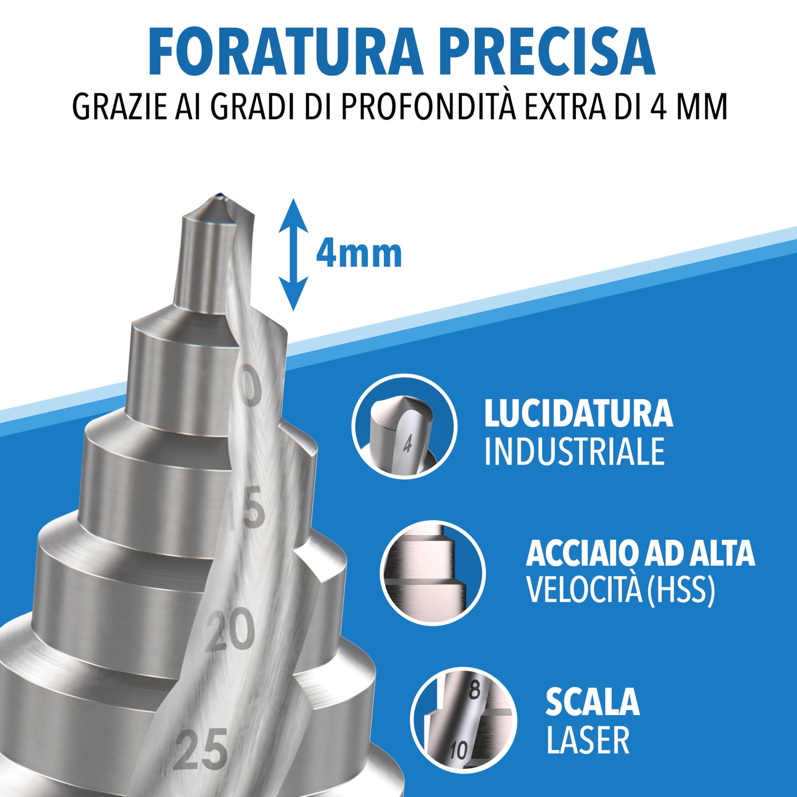 Trapano a gradini 6 – 60 mm in HSS 4241 – scanalatura elicoidale con gambo da 12 mm – Punta conica per sbucciare metallo plastica legno – Punta extra grande per fori precisi