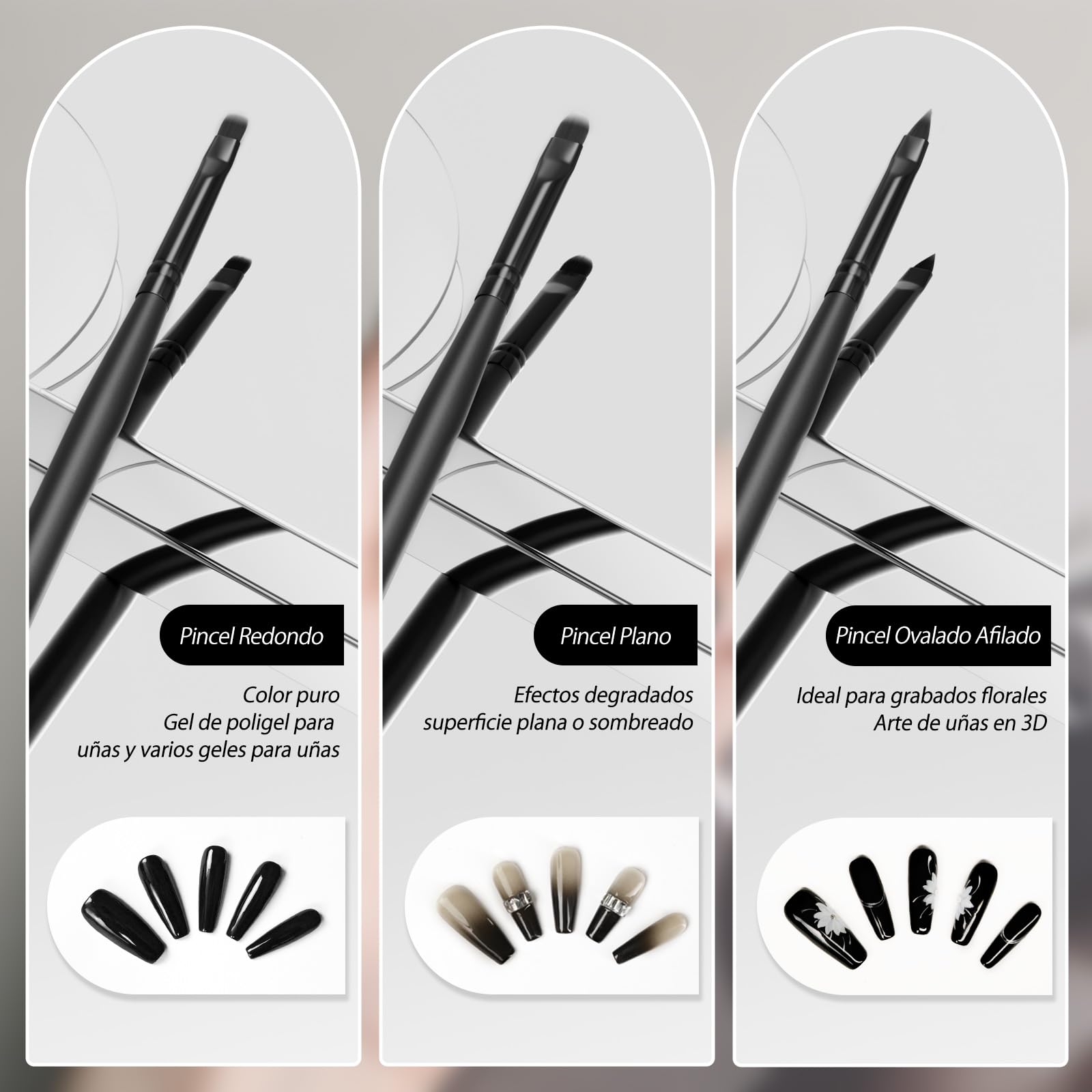 Pinceles para Uñas Set de 8 con tapas protectoras y bolsa de almacenamiento,Pinceles Nail Art con Pincel Liner,Dotting Pen,Pincel Francés y más para Uñas en Gel y Manicura Profesional