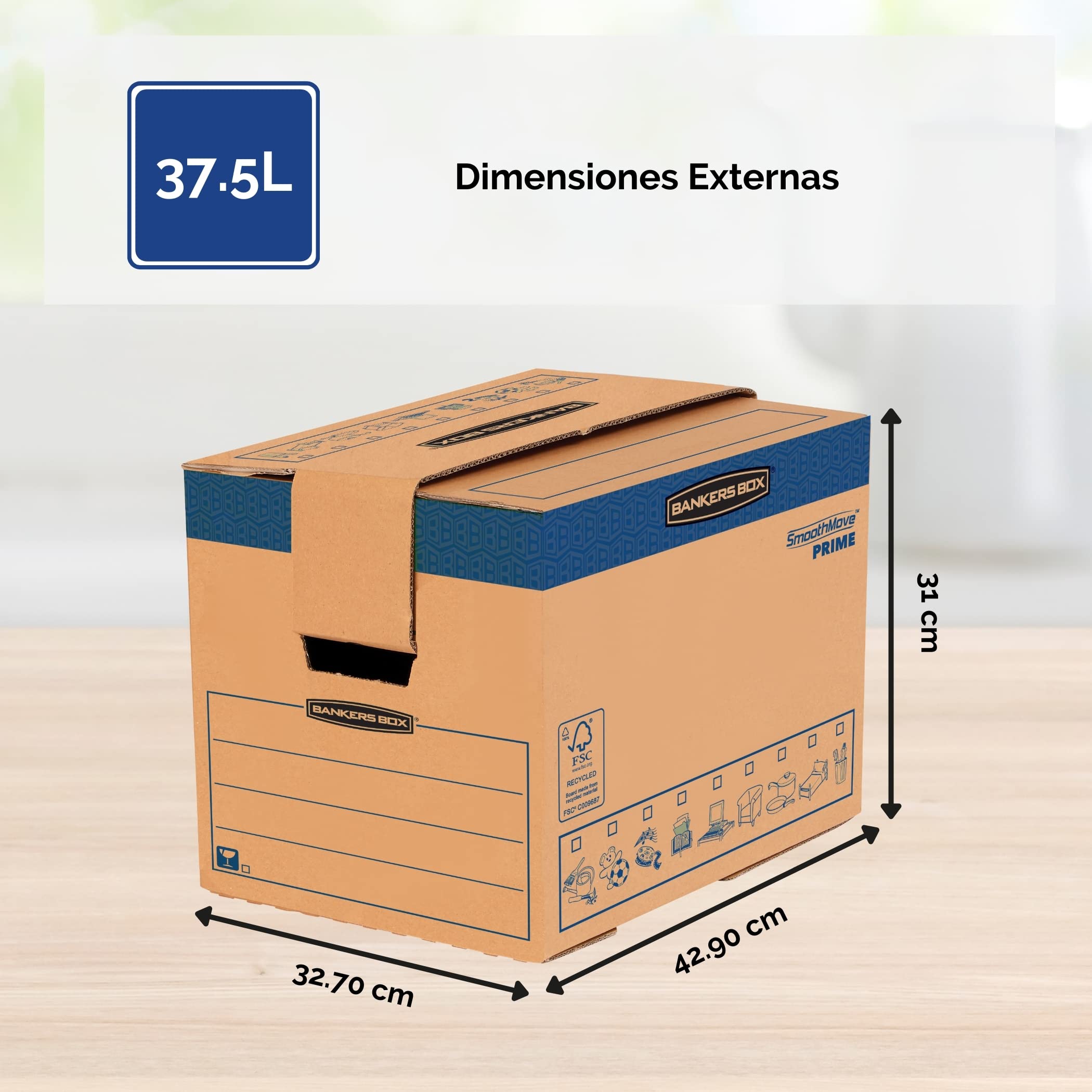 BANKERS BOX pack 5 cajas mudanza 37,5L (30×30×40,5cm), cartón doble, asas, sin cinta, montaje FastFold, 100% reciclables – resistentes para transporte y almacenaje