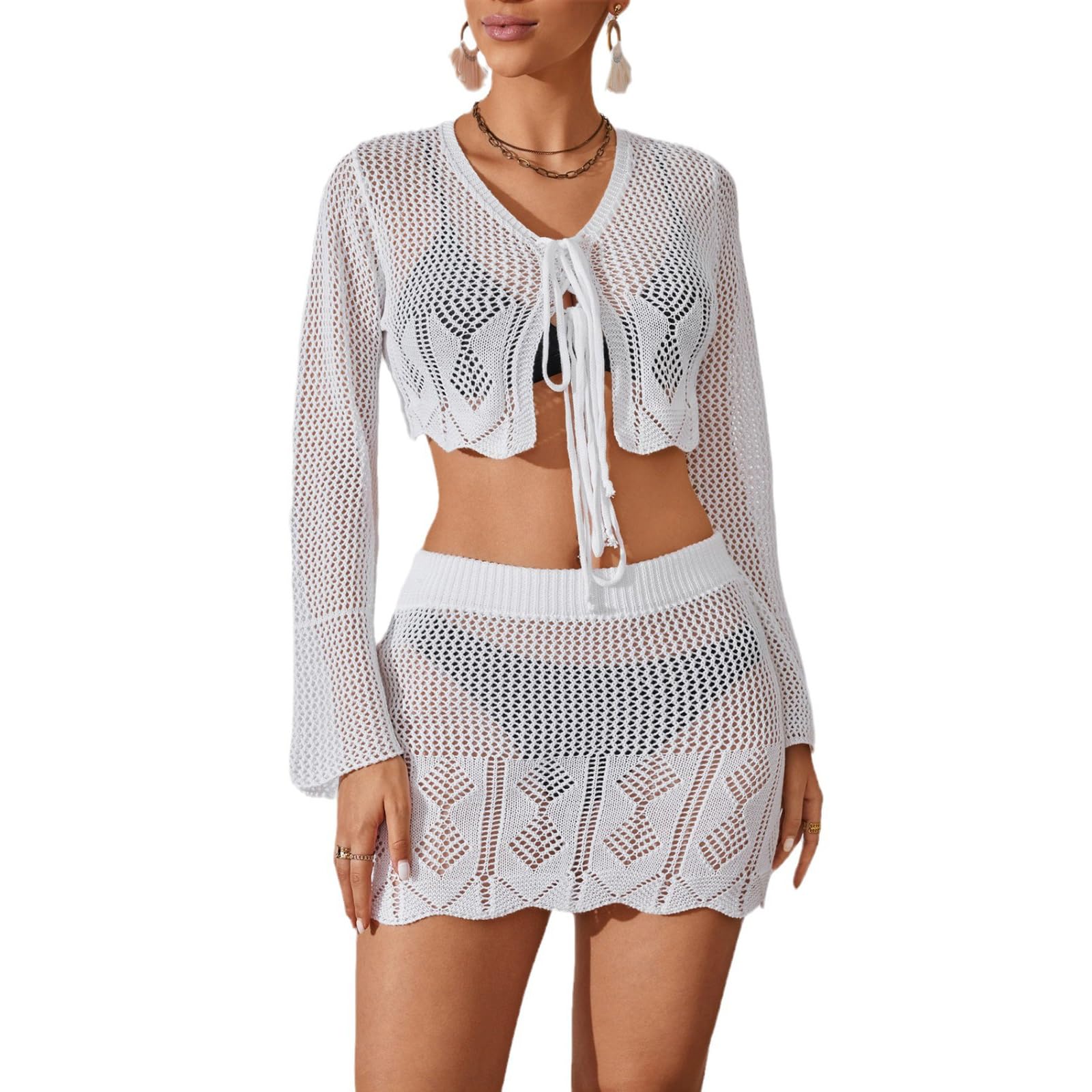 Copricostumi all'Uncinetto per Le Donne Scava Fuori Lavorato a Maglia Spiaggia Crop Top e Gonna Set Costume da Bagno
