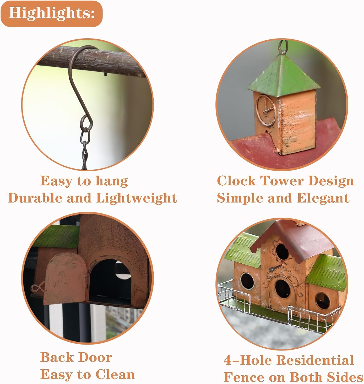 Large Bird Houses for Outside Hanging, 4 Hole Outdoor Bird House with Clock Tower, Easy Clear, Metal Bird Houses for Outside with Perches.