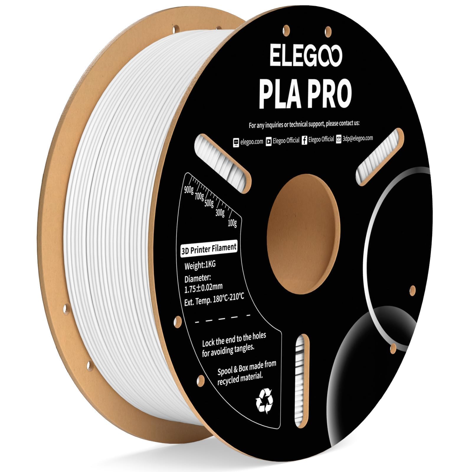 ELEGOO PLA PRO Filament 1.75mm White 1KG, 30-250mm/s Printing Speed Improved Rigidity 3D Printer Filament Dimensional Accuracy +/- 0.02mm, 1kg Spool (