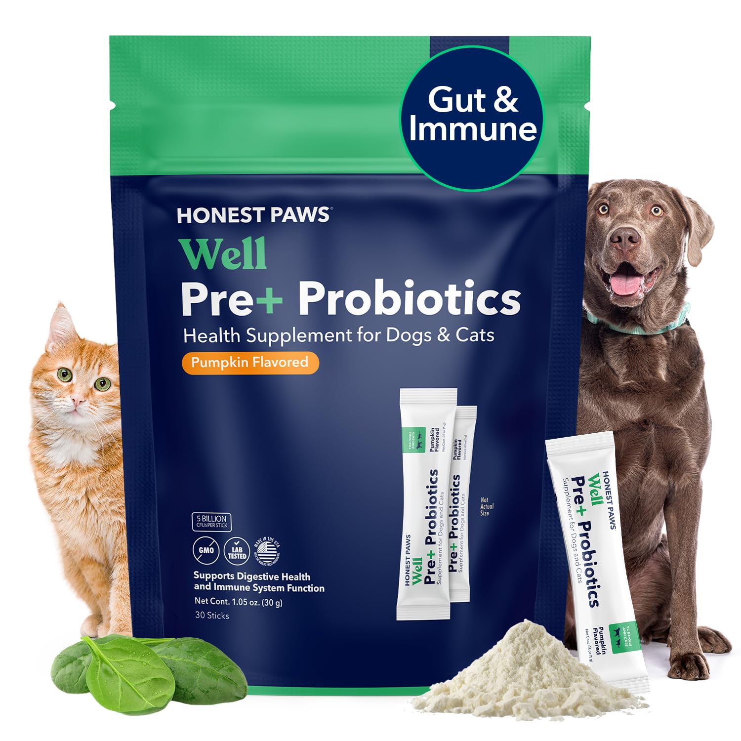 Honest Paws Probiotics for Dogs - Dog Digestion Gut Health Probiotic Powder with Prebiotic Made in The USA, Digestive and Immune Support - Digestive Enzymes with Pumpkin Flavor (30 Sticks)