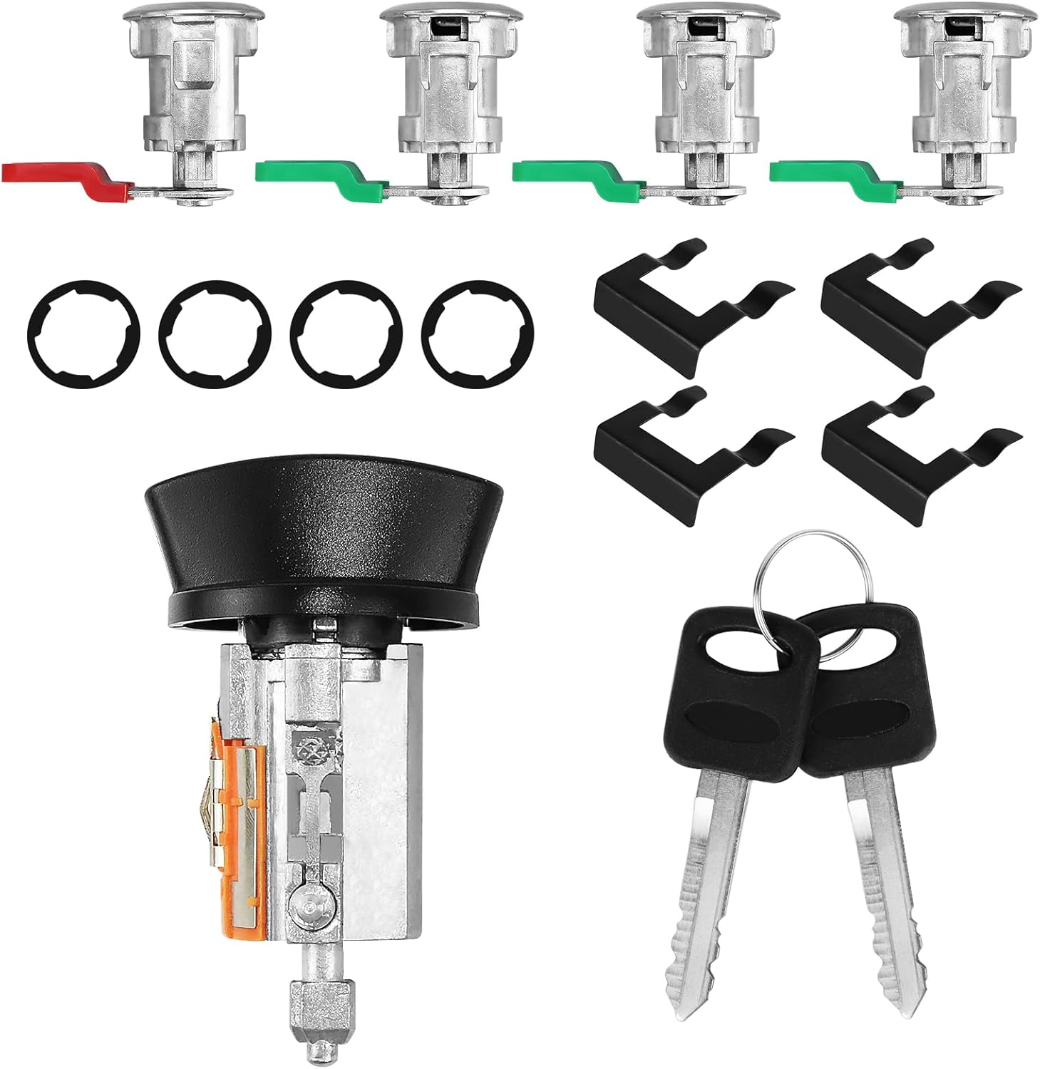 For 1997-2006 Ford Econoline, E-150 E-250 E-350 Vans Ignition Switch Lock Cylinder +4 Chrome Door Lock Cylinder Tumbler Set With 4 Clips With 2 Keys LC6177+703369 X4+597638 X2 (No Chip)