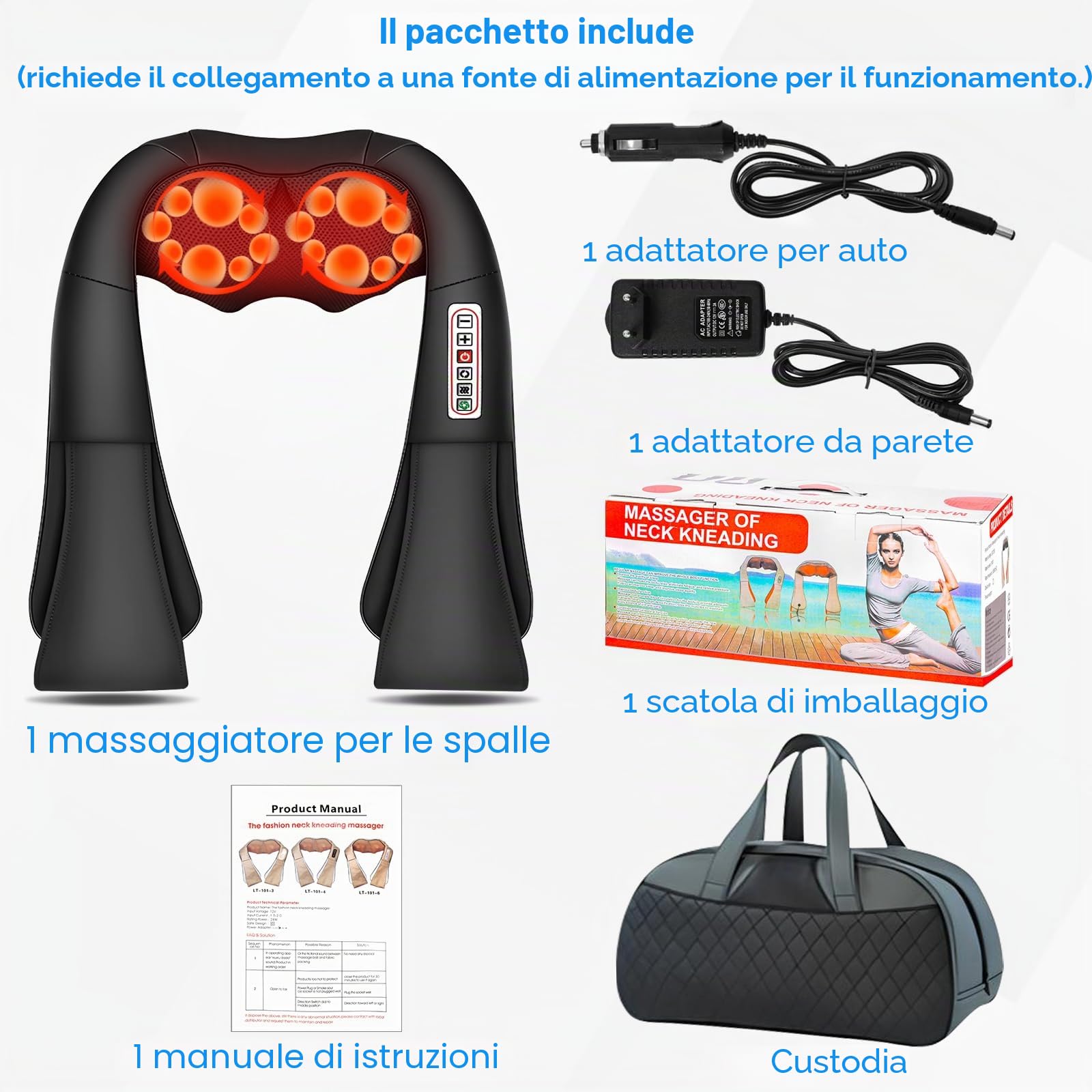 Massaggiatore per Collo e Schiena, Aliviare il Dolore Muscolare, 3 Velocità, 16 Teste di Massaggio, Cronometro di 15 Minuti, Massaggiatore per Tessuti Profondi con Funzione di Terapia del Calore