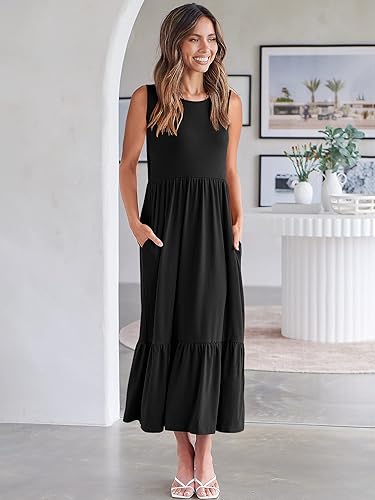 Miniatura 5 de ANRABESS Vestido de verano para mujer, casual, sin mangas, cuello redondo, acampanado, con escalonado, maxi vestido largo de playa, trajes