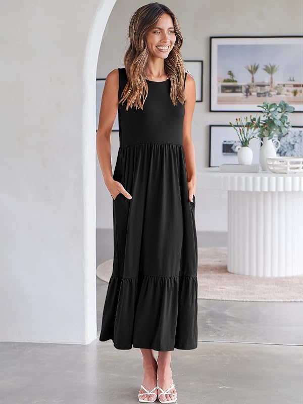 ANRABESS Women Summer Casual Sleeveless Crewneck Sundress Aline Flowy Tiered Maxi Long Beach Dress Vacation Outfits X-Large Black by ANRABESS - Used condition - Image 5