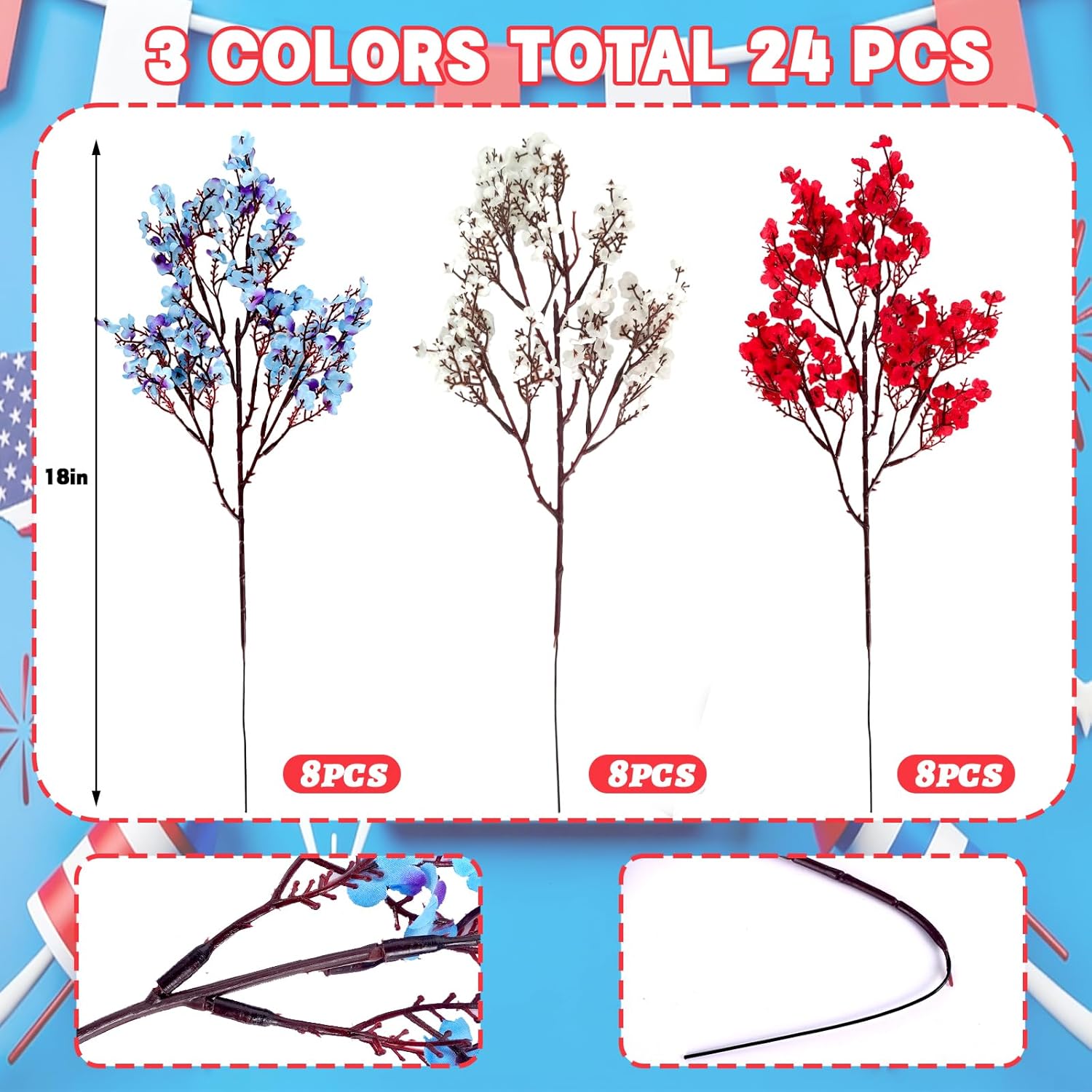 TORONTOKYO 24pcs 4th of July Red White Blue Flowers, Artificial Babys Breath Flowers Fake Silk Patriotic Flowers for Independence Day Home Decor Floral Arrangement Table Centerpieces