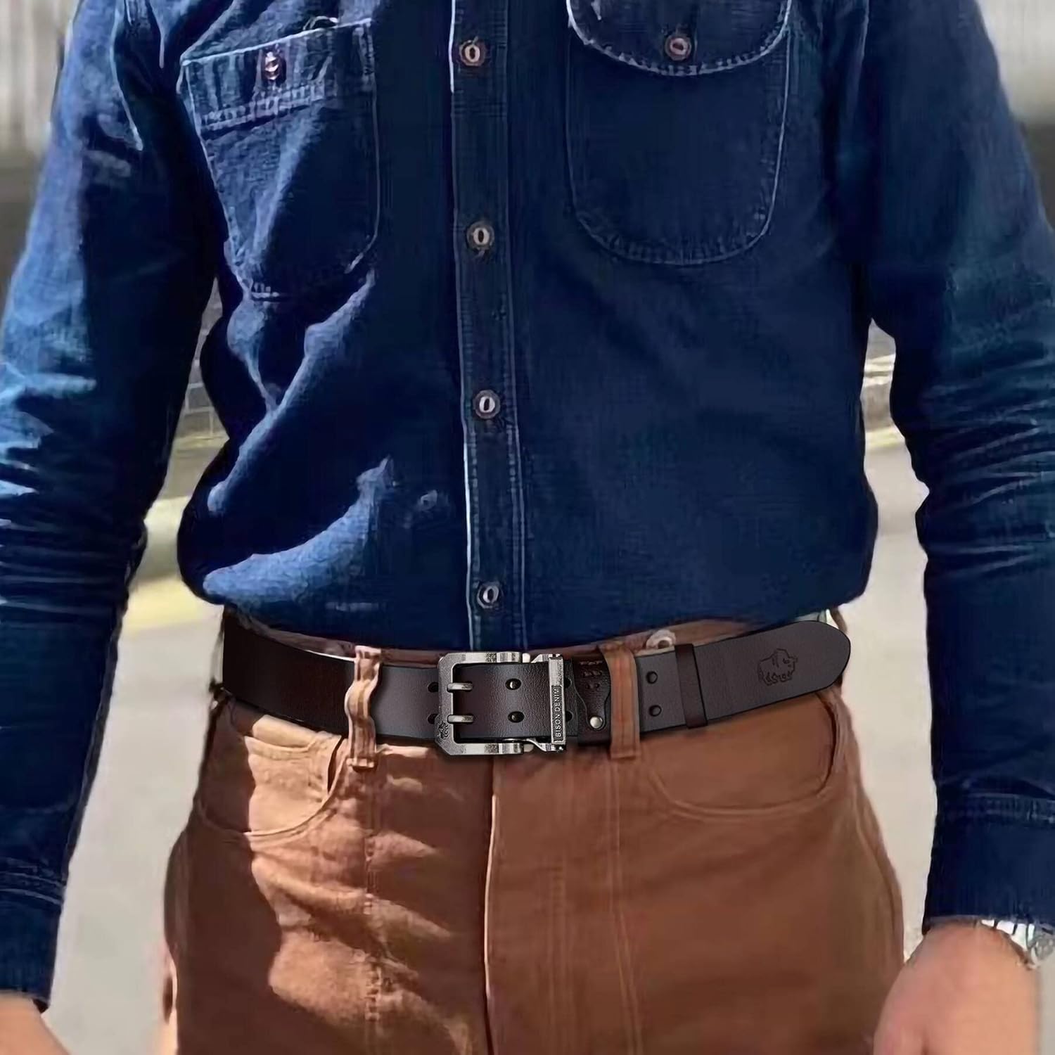 BISON DENIM Men's Belts Leather Dress Genuine Leather Classic Heavy Duty Buckle Belt Casual for Jeans - Image 2