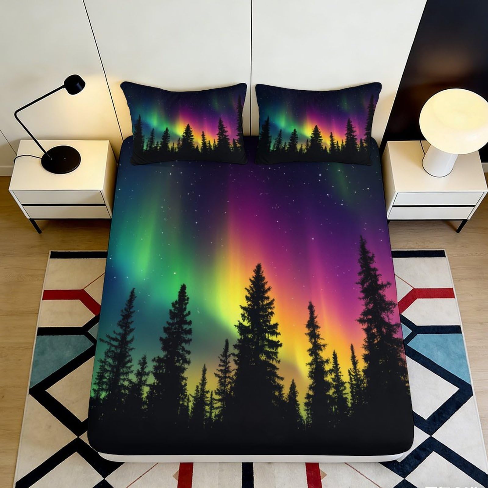 Jqzkxnhpbr Style-6 3D Printed Northern Lights Fitted Sheet Microfiber Soft Forest Silhouette Mattress Cover Bedroom Decor 90X200x25cm