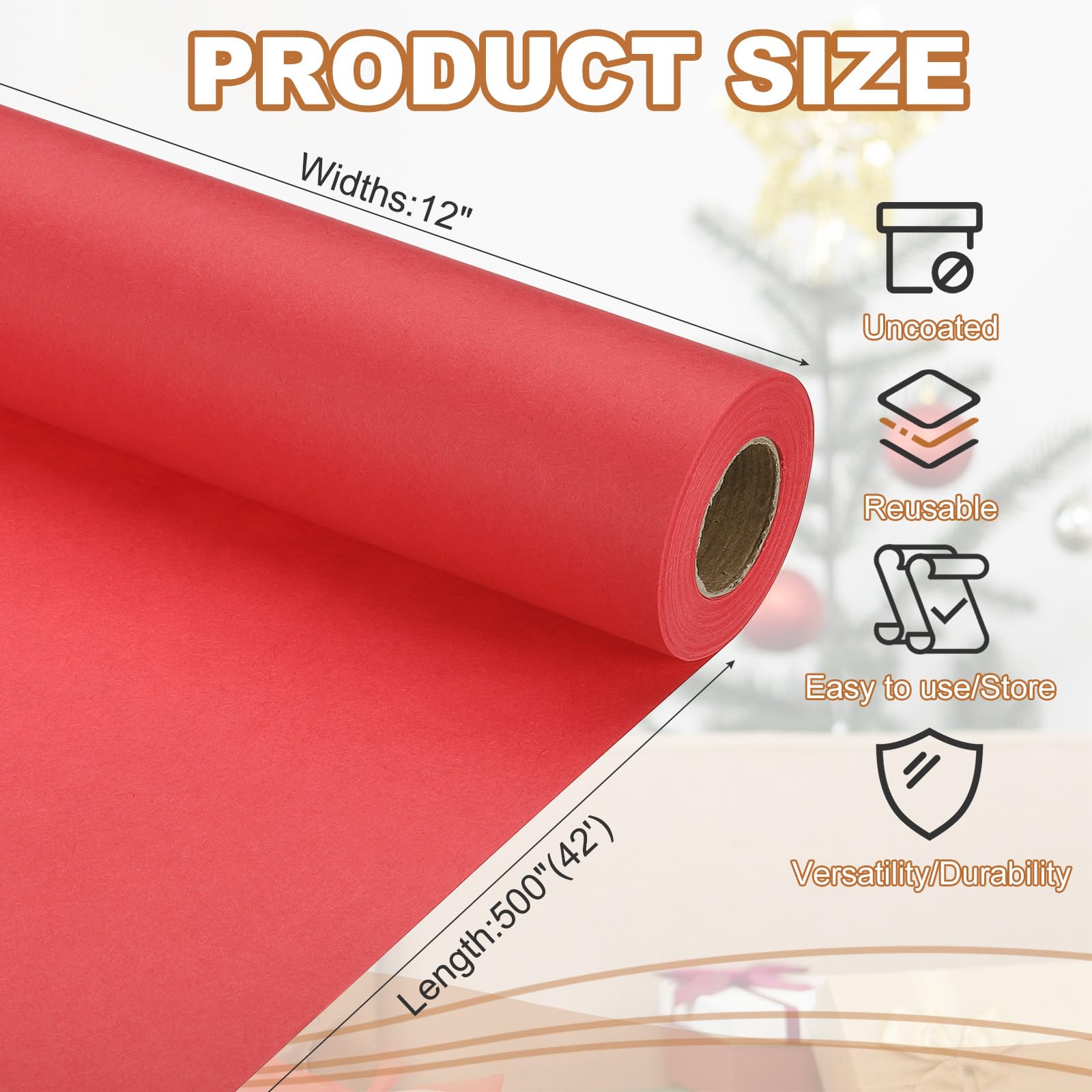 PATIKIL Wrapping Paper, 12" x 500"(42') 70 GSM Craft Paper Roll Kraft Packing Paper for Poster Bulletin Board Gift Wrapping, Bright Red - Image 2