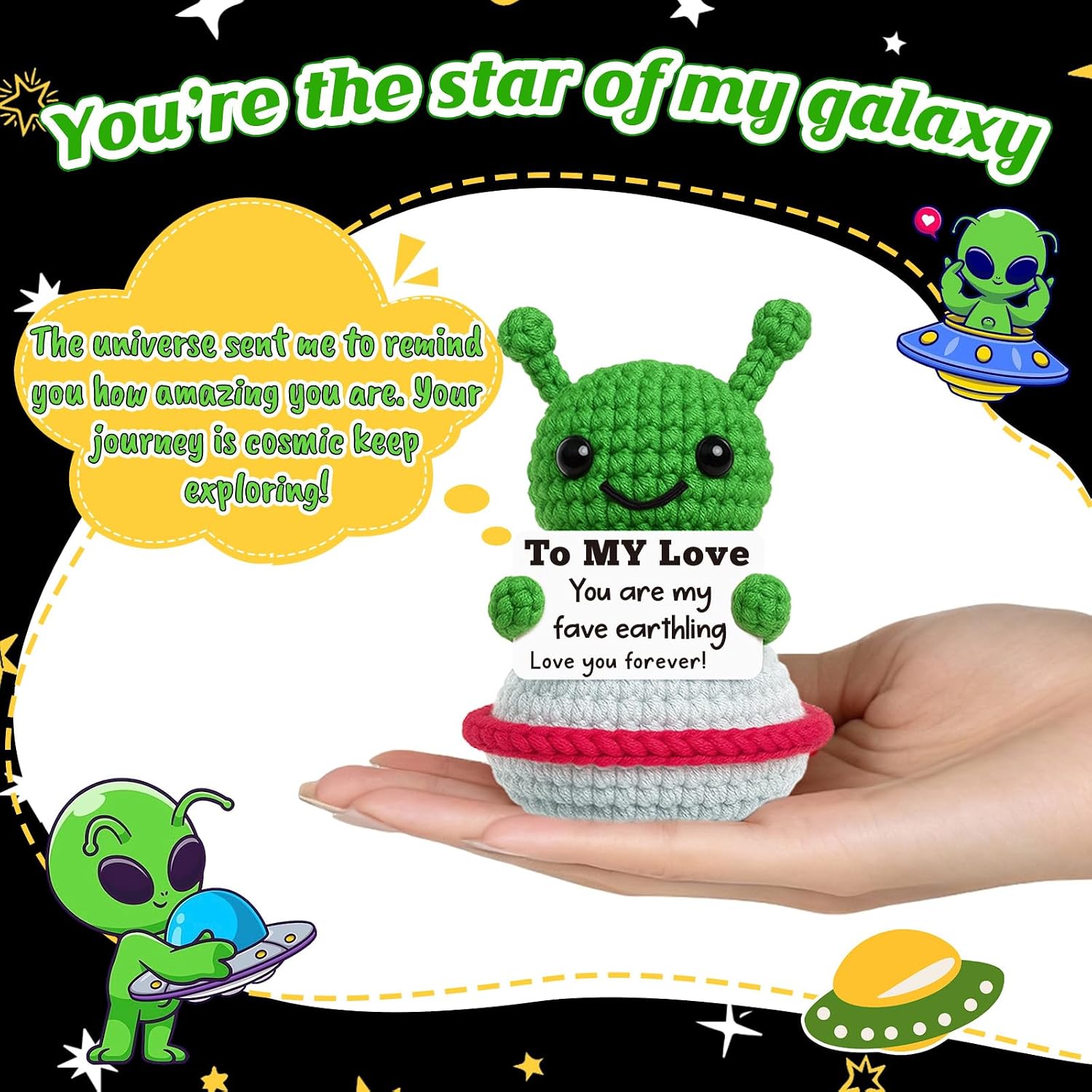 Funny Valentines Gifts for Him Her Boyfriend Girlfriend - Cute Handmade Crochet Alien, Romantic Anniversary Valentines Presents for Husband Wife Couple - I Love You Gift for Women Men