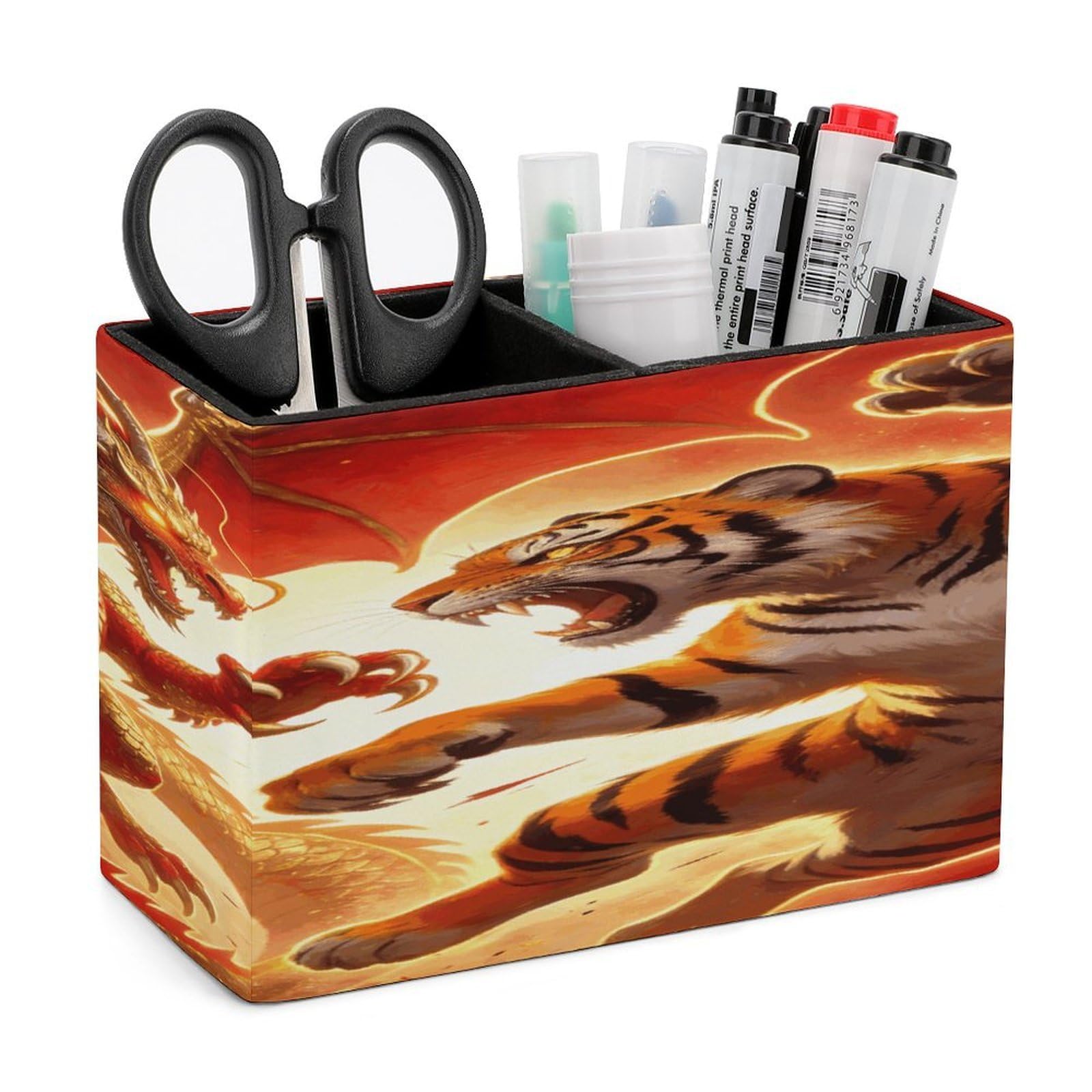 LZQPOEAS Dragon Versus Tiger Pen Holder Double Compartments Pen Cup Makeup Brush Holders Leather Pencil Holder Locker Organizer for Work Locker Accessories Modern Pencil Cup for Desk