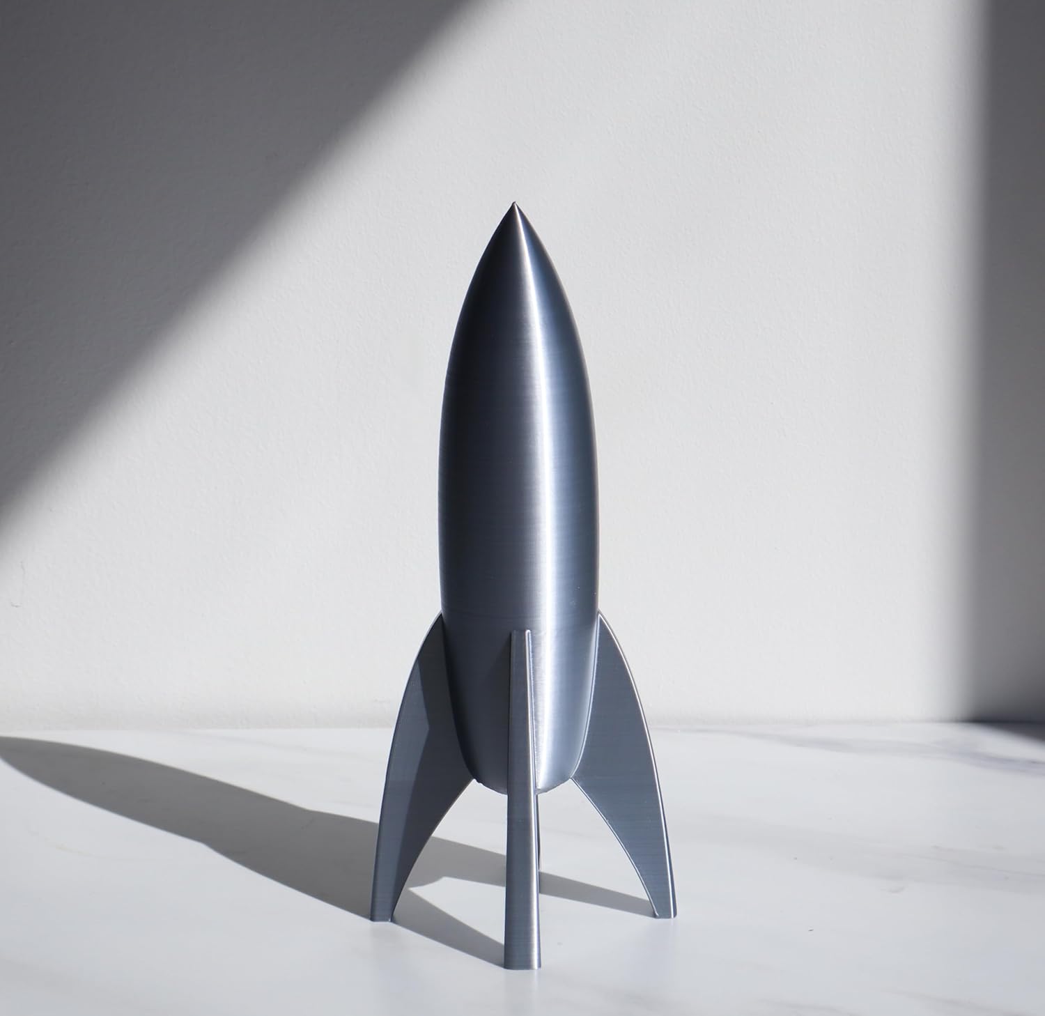 Decorative Retro Space Rocket Ship Model, Reflective Silver, Mid-Century Modern Style, Desktop Display (Medium (8" Tall))
