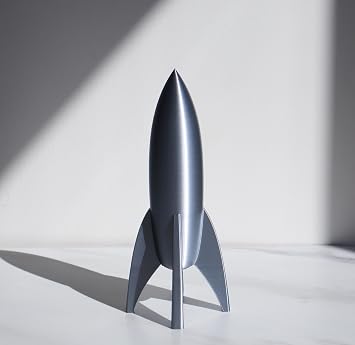 Decorative Retro Space Rocket Ship Model, Reflective Silver, Mid-Century Modern Style, Desktop Display (Small (6.5 Tall))