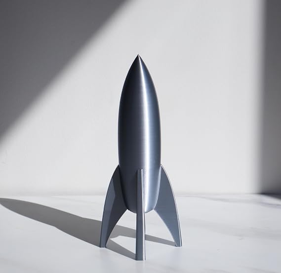 Decorative Retro Space Rocket Ship Model, Reflective Silver, Mid-Century Modern Style, Desktop Display (Small (6.5 Tall))