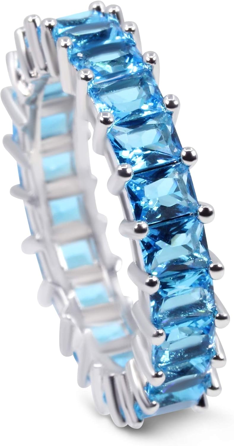 Savlano 18K White Gold Plated Blue Cubic Zirconia 4x4MM Square Princess Cut Eternity Ring Band for Women - Image 2