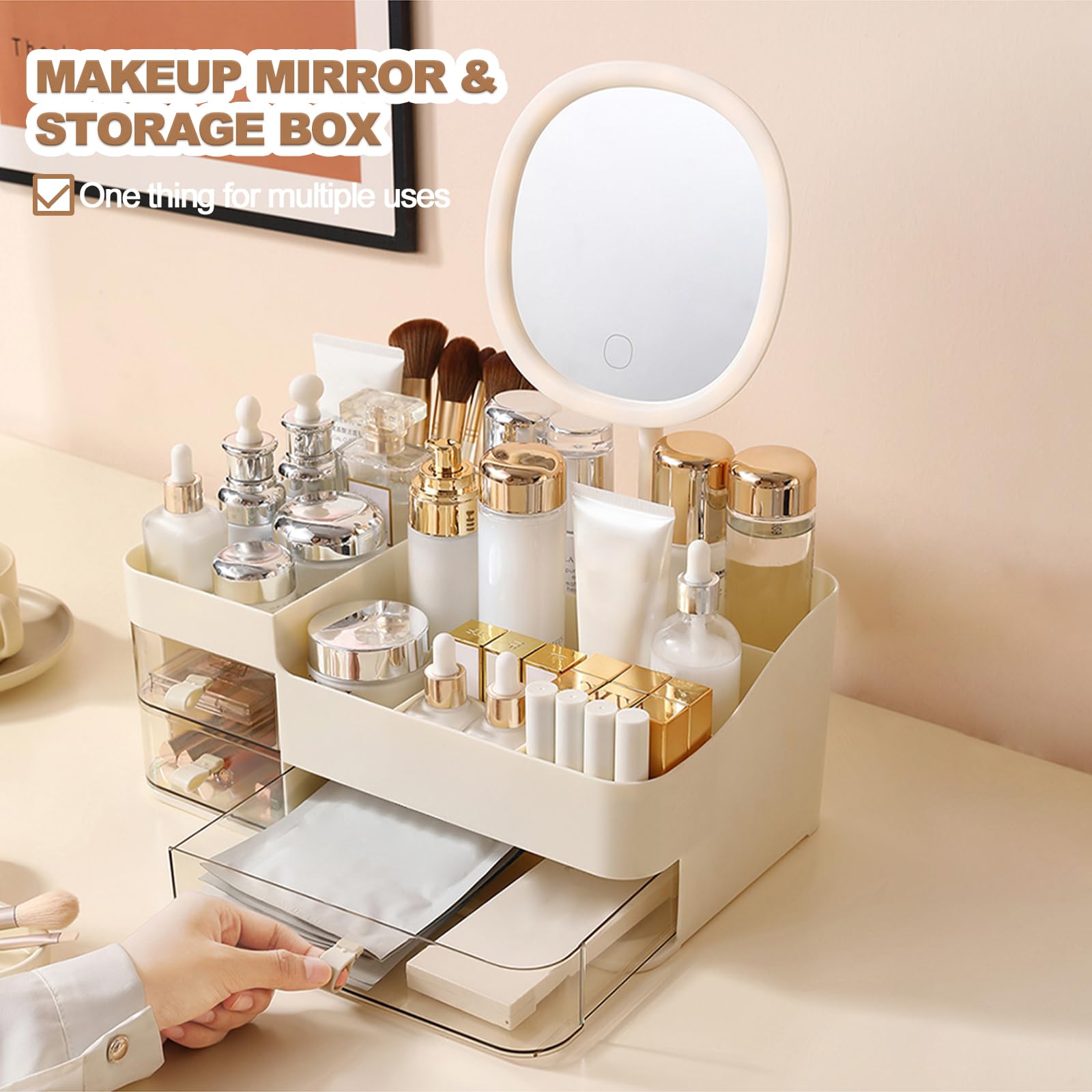 DASITON Organizer Trucchi con Specchio e 3 Cassetti, Porta Trucchi Organizer da Bagno, Porta Pennelli Make Up Organizzatore Trucchi, Organizer Cosmetici per Toeletta, Bagno, Camera da Letto (Crema)