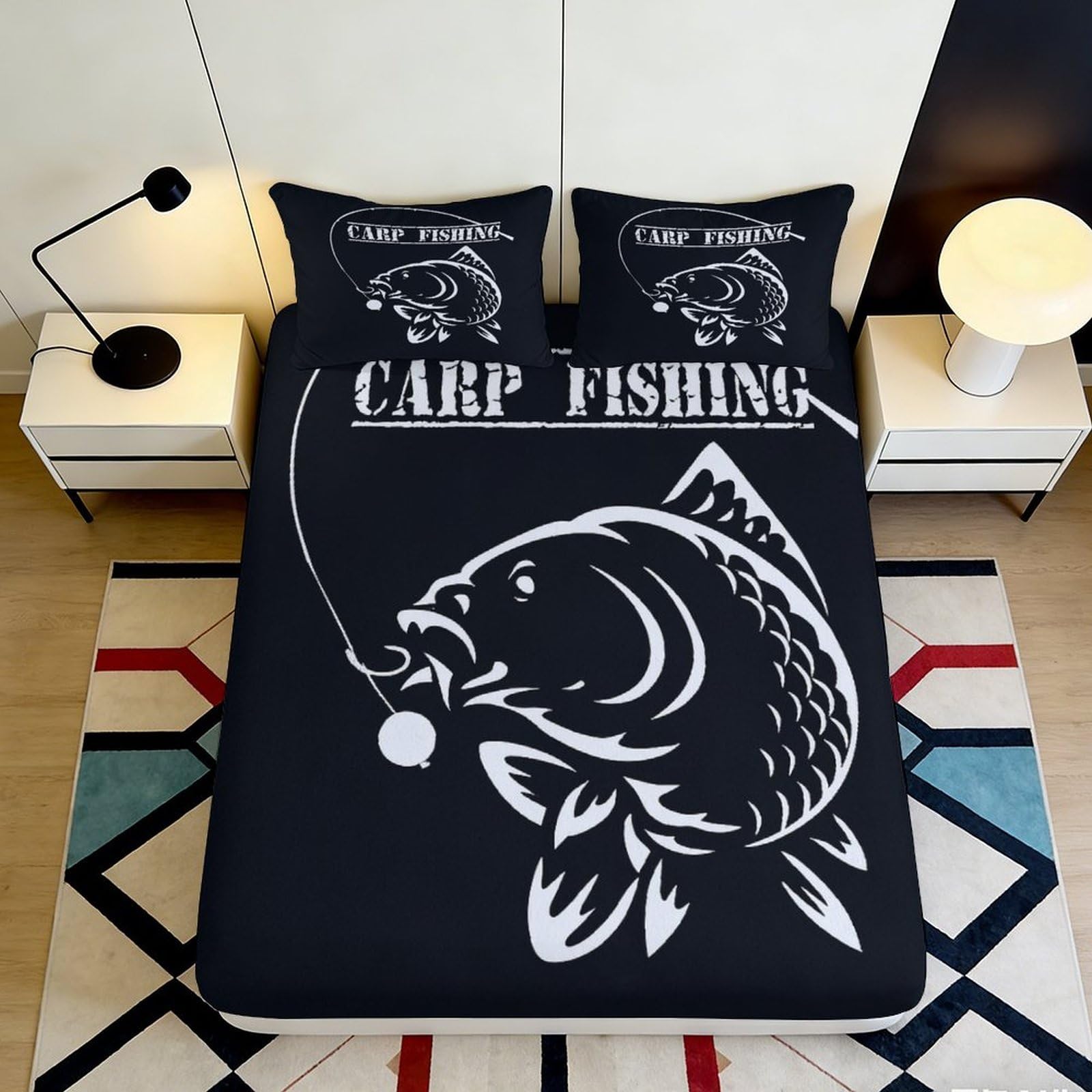 3D Printed Carp Fishing Fitted Sheet Microfiber Non-Slip Deep Pocket Carp Bedroom Mattress Fitted Cover Washable for Adults Teens 160x200x25cm