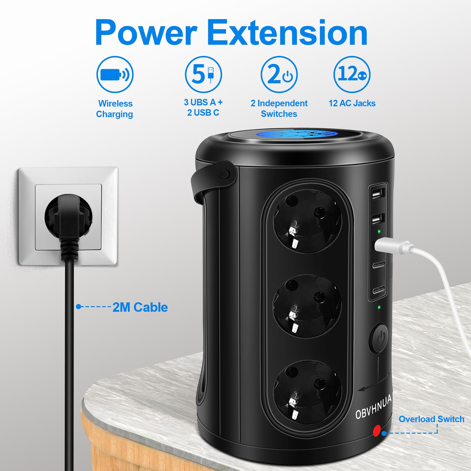 OBVHNUA Torretta Multipresa Verticale, Ciabatta Elettrica, 12 Prese CA 3 Porte di Ricarica USB-A e 2 Porta USB-C con Ricarica Wireless Ciabatta per Viaggi in Ufficio Casa, 2500W/15A