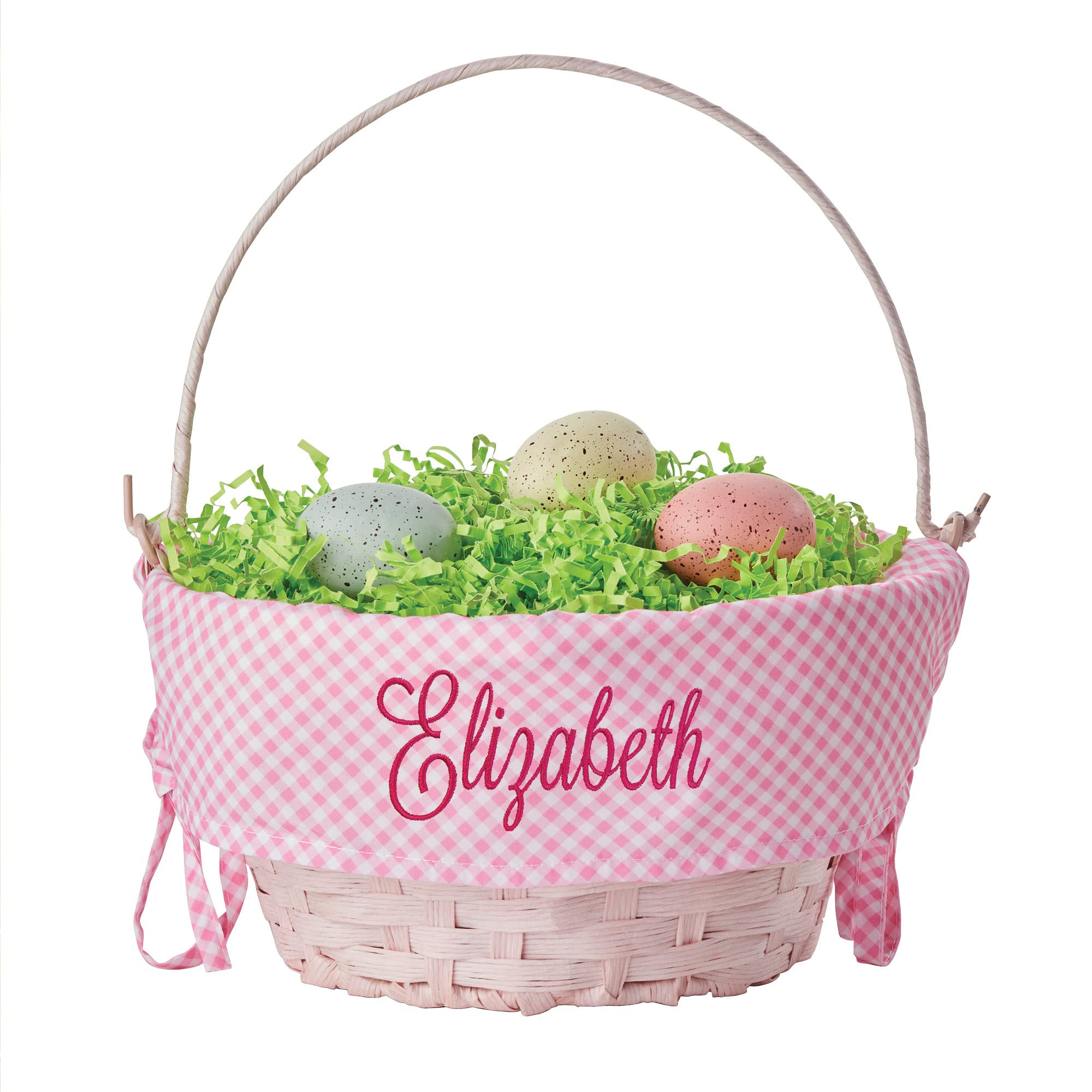 Personalized Easter Egg Basket with Handle and Custom Name in Pink Script | Pink Gingham Easter Basket Liners | Pink Basket | Woven Easter Baskets for Kids and Adults | Customized Easter Basket