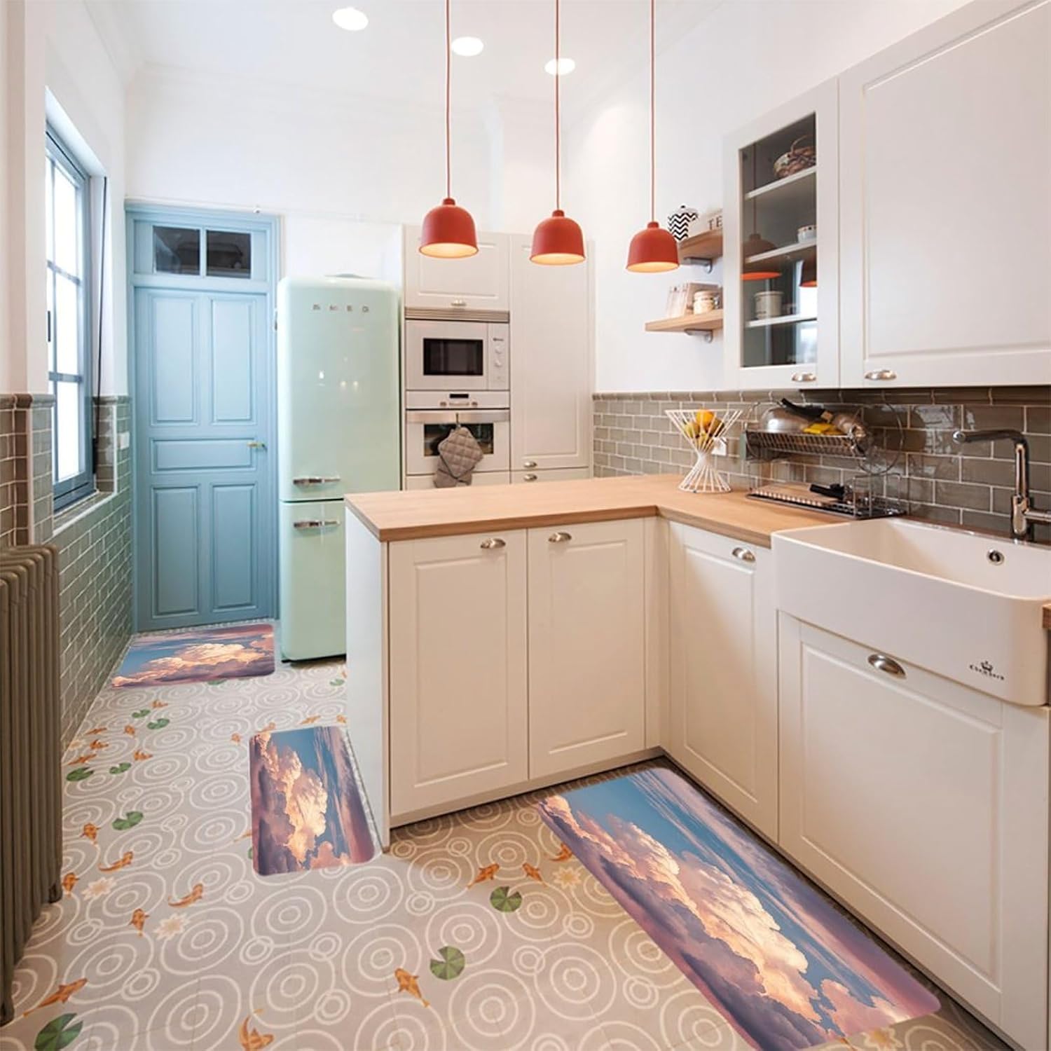 Clouds in The Sky Kitchen Mats for Floor 3PCS Waterproof Low-Profile Kitchen Rugs Floor Mat Non Slip Anti Fatigue Mats Comfort Standing Mat Runner Rug Area Rug 6"x24"+20"x31"+17"x47"