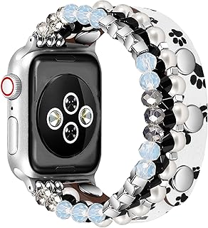 Leather Beaded Band Compatible for Apple Watch Print Strap 45mm 44mm 42mm 49mm Women,Jullstar Pearl Elastic Footprint Puppy Foot Pattern Printed Bracelet for iphone Watch Series 8 7 6 5 4 3 2 5 SE Strap Bracelet Girl Jewerly Cute-Footprint