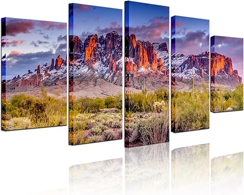 Biuteawal - Superstición Montañas Puesta de sol Arizona Arte de pared occidental desierto cactus paisaje, pinturas de lienzo, imágenes de la