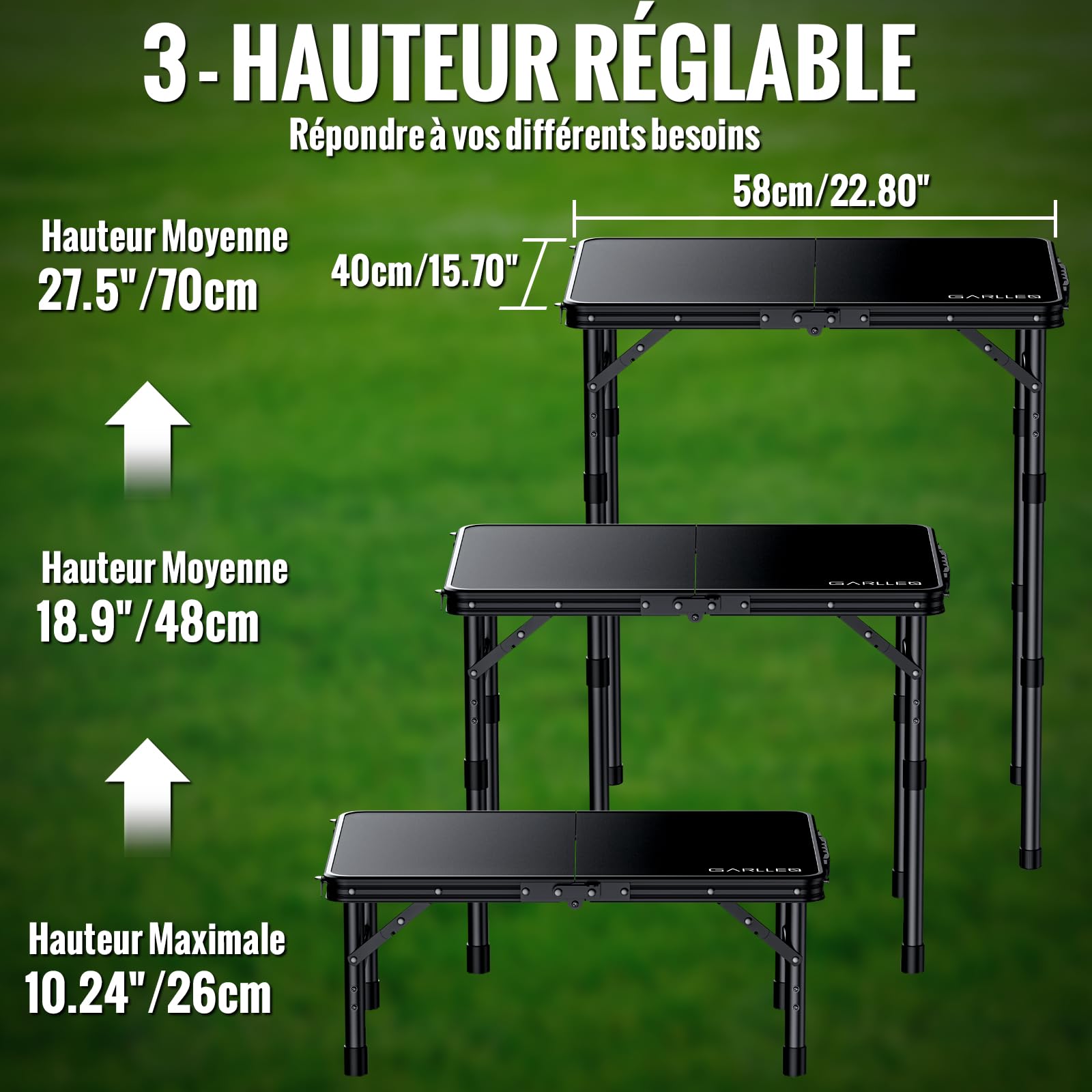 GARLLEN Table de Camping Pliante avec Plateau en Plastique imperméable, Table de Pique-Nique Portable avec 3 hauteurs réglables, Cadre en Aluminium, Table d'extérieur pour Barbecue, Camping | Table Pliante Exterieur à 3 Hauteurs Réglables,Table de Pique-n