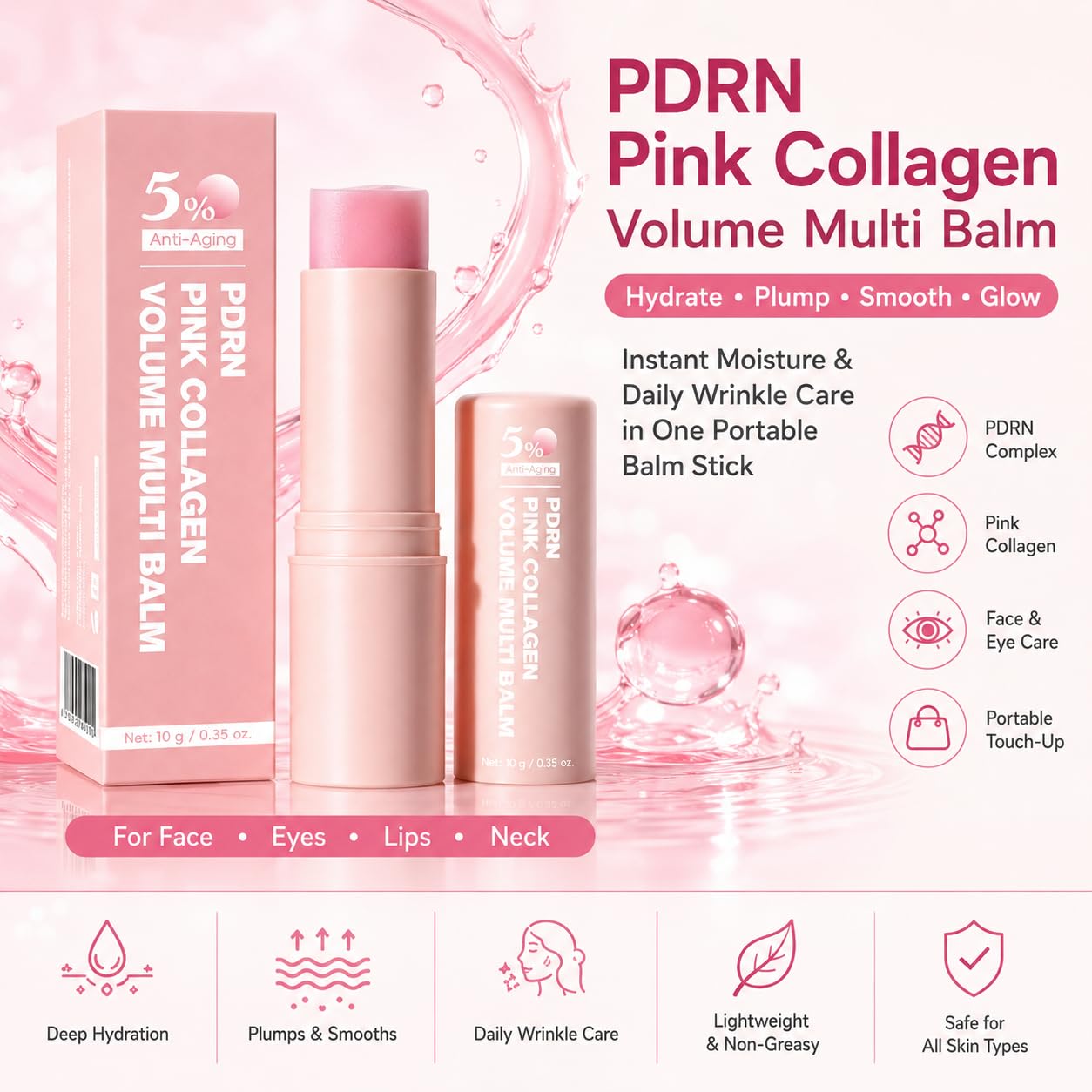 PDRN Pink Collagen Volume Multi Balm Stick - Wrinkle & Hydrating Stick for Face, Lips, Eyes, Neck, Makeup Base, Deeply Nourishes for Smooth, Healthy-Looking Skin (1Pack)