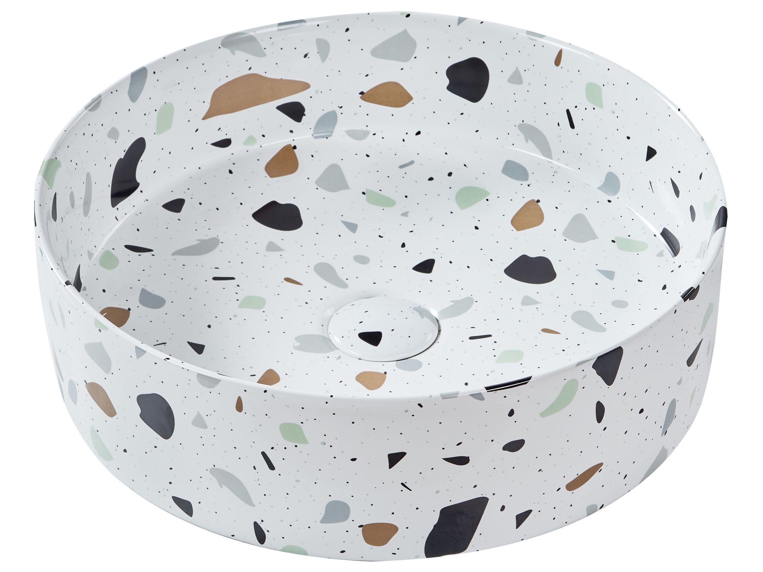 Lavabo de encimera baño cerámica efecto terrazo redondo blanco 40 cm Nules