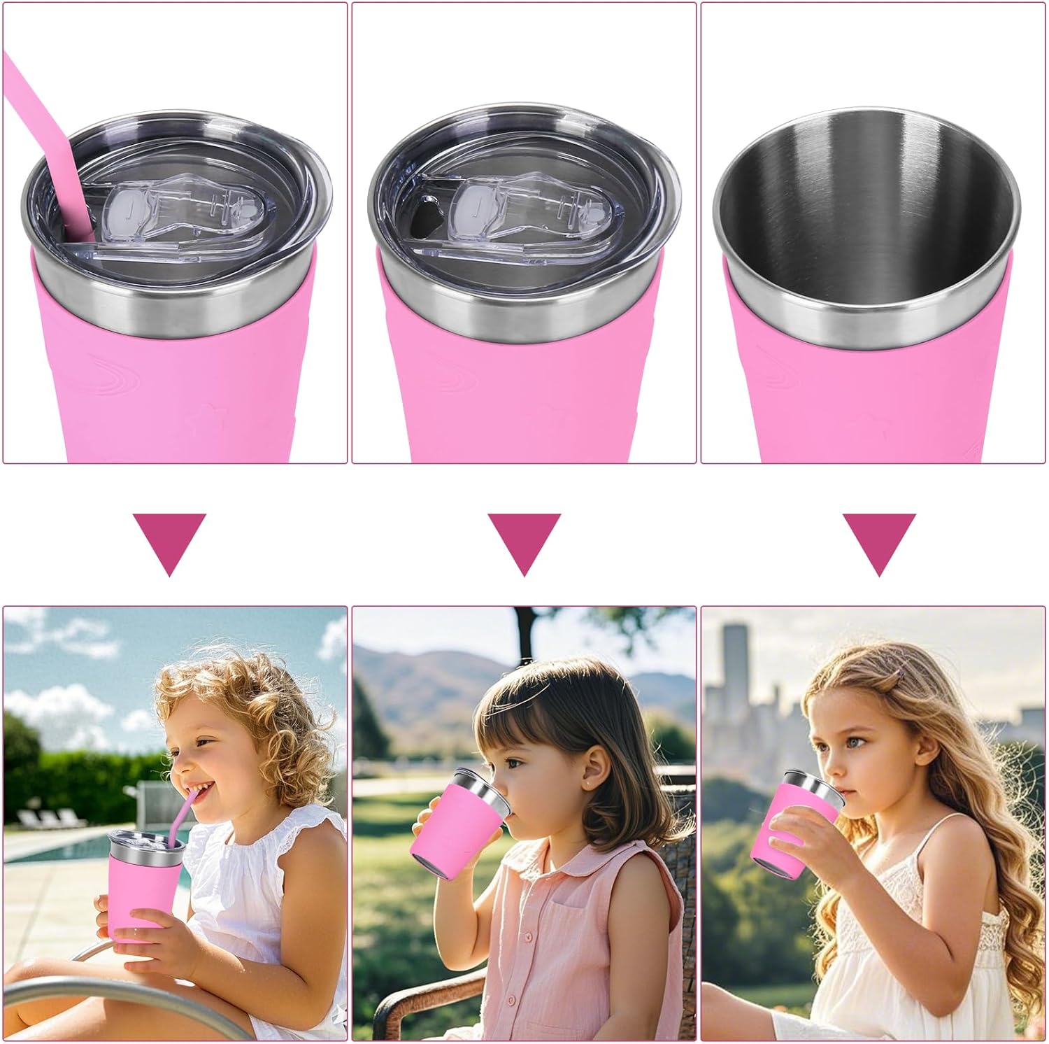 Carperipher 5 Pack Kids Cups with Rainbow Silicone Sleeves, 12oz 304 Stainless Steel Kids Cup with Lids and Straws, Travel Tumbler, Spill Proof Toddler Cups for Cold/Hot Drinks