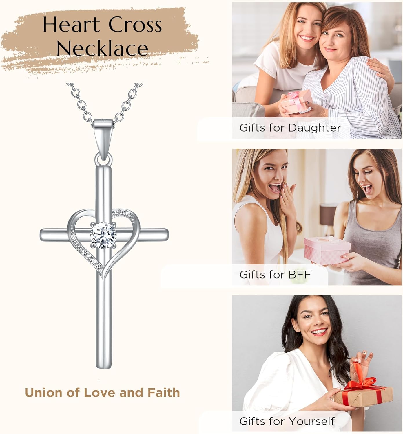 NORBU 925 Sterling Silver Cross Necklace for Women, Heart Cross Necklaces with 5A CZ Diamond, Womens' Religious Christian Jewelry Gift for Birthday Baptism Christmas - Image 5