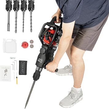 Gas Powered Jack Hammer, 33CC 2-Stroke Demolition Hammer Drill, 1000W Heavy-Duty Drilling Machine, Gasoline Concrete Breaker Rock Drill for Breaking, Crushing, Chiseling