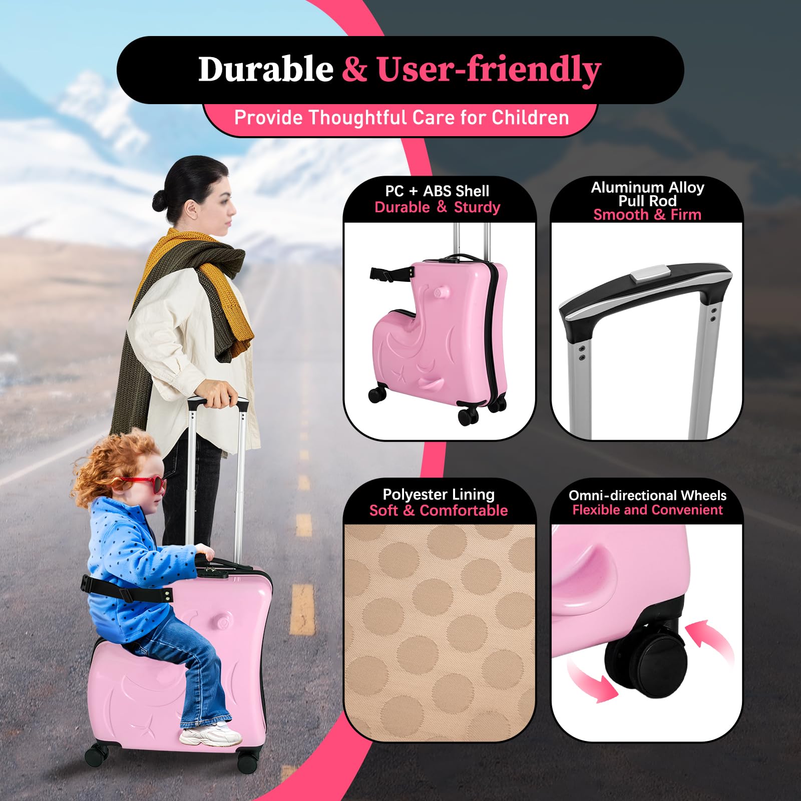 Kinderkoffer Zum Draufsitzen 20 Zoll, Kindertrolley mit Sitzfunktion & Sicherheitsgurt, Hartschalen Reisekoffer Kinder Pferd Design, Leichtgewicht 3.3kg für Kinder 3-6 Jahre, Rosa