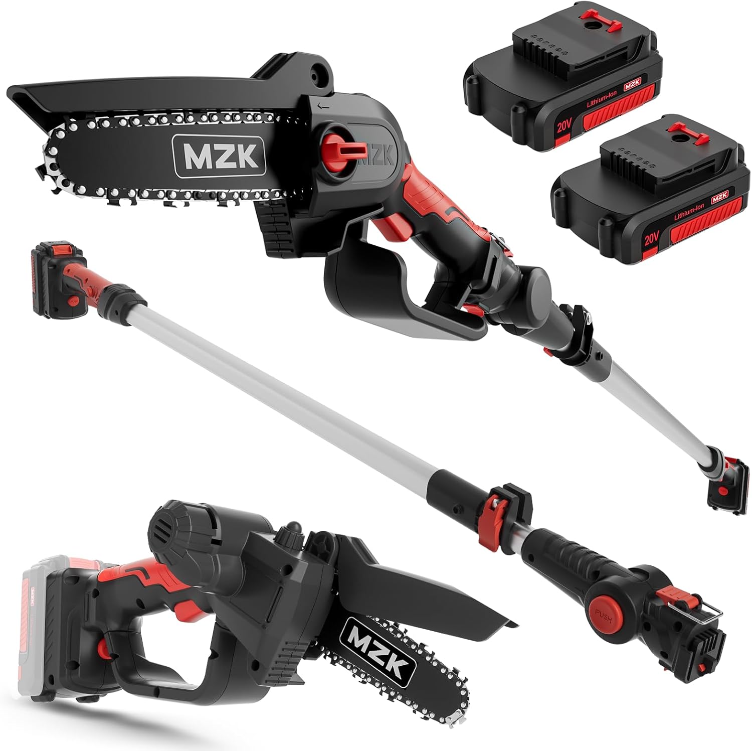 MZK 2-in-1 Cordless Pole Saw & Mini Chainsaw with 3 Replacement Chain, 20V Battery Pole Chainsaw, 4.5" Cutting Capacity, 13ft Reach Pole Saw for Tree Trimming(2 Batteries and Fast Charger Included) key chain size