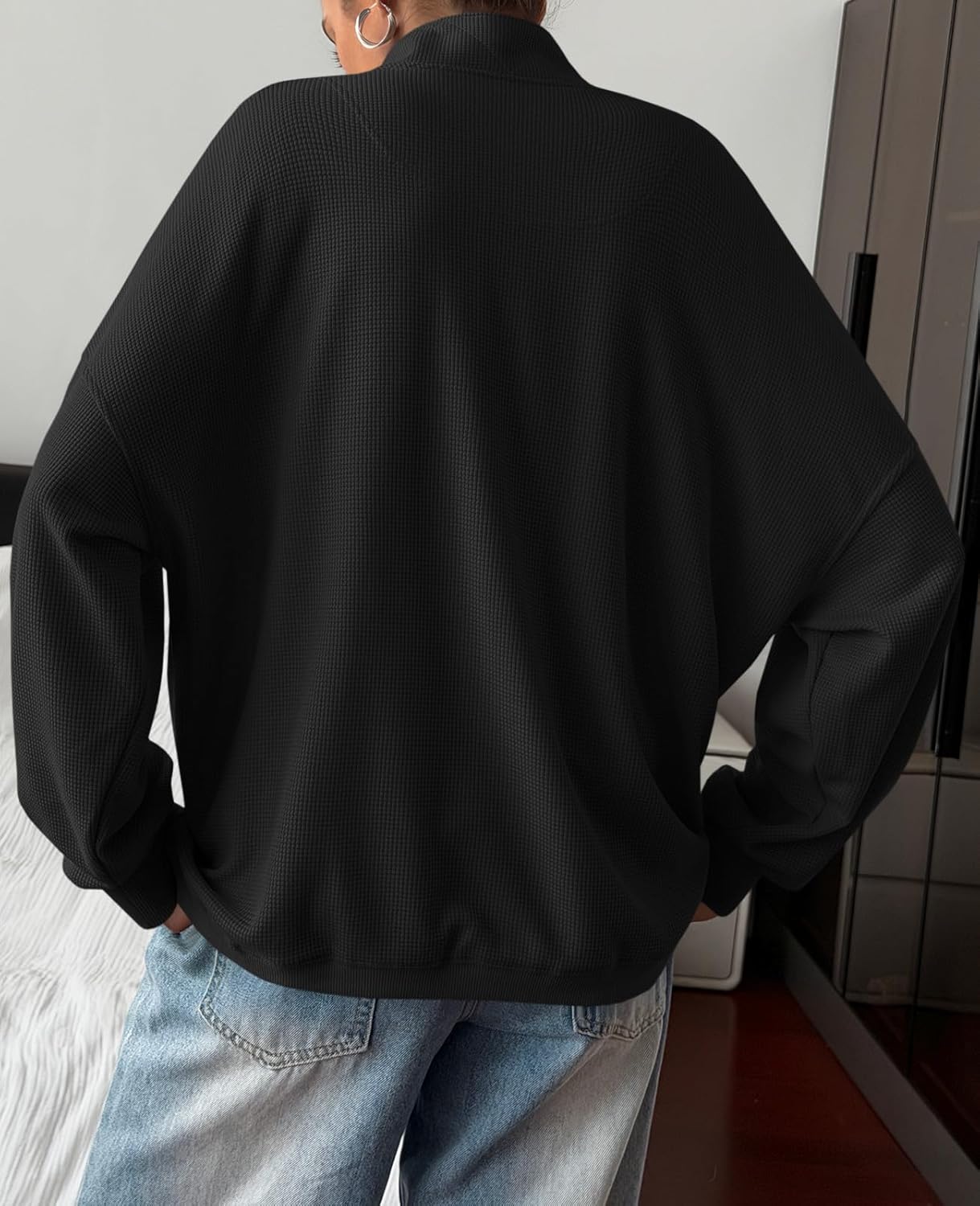 Fisoew Womens Waffle Knit Oversized Sweatshirt Casual Snap Stand Collar Long Sleeve Pullover Tops Fall Travel Outfits - Image 5