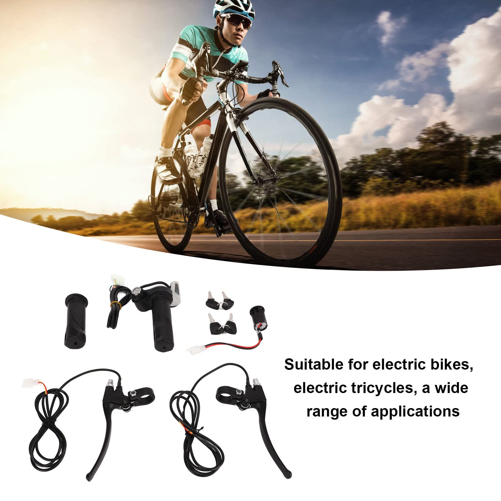Guidon d'accélérateur de vélo électrique, poignée de vitesse de torsion ABS en alliage d'aluminium, 5 lumières pièces de modification de vélo avec poignée de frein et clés, pour
