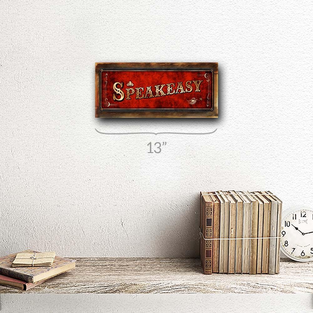 Homebody Accents Wood-Framed, Red Speakeasy Metal Sign, Framed 4”x12”, Art Deco, Vintage, Retro, Game Room, Den, Wall Décor, Hand-Made