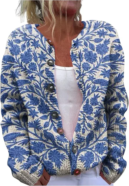 Gilet Crochet Femme Chic : Cardigan Bohème à Imprimé Fleuri pour Automne-Hiver