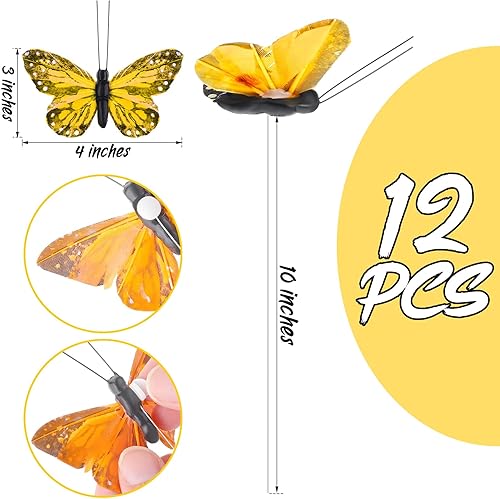 Miniatura 9 de Ysleen Juego de 12 mariposas monarca de Halloween, mariposas artificiales, púas de plumas con alambre para manualidades, flores falsas, suministros