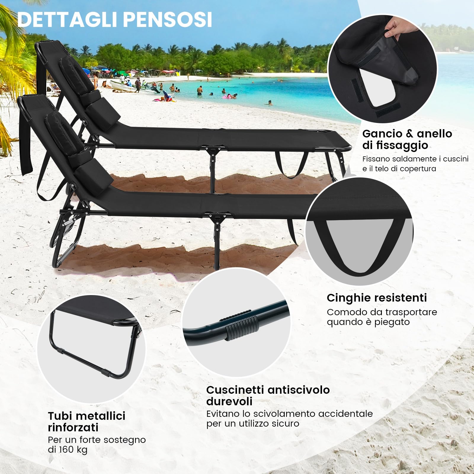 COSTWAY Lettino Prendisole Pieghevole da Spiaggia (1, Nero) | Sedia a Sdraio da Mare con Schienale Regolabile 5 Posizioni, Foro per il Viso e 3 Cuscini Rimovibili, Portata 160kg