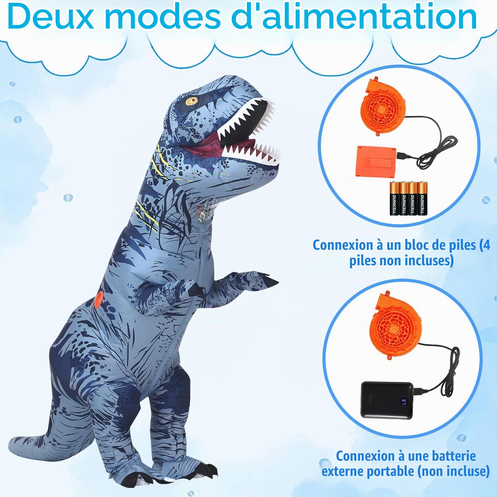 Poptrend Costume de dinosaure gonflable pour adultes, adolescents et enfants, costume de dinosaure T-Rex bleu, costume amusant pour Halloween, fête, cosplay, fête costumée, fête pour hommes et femmes