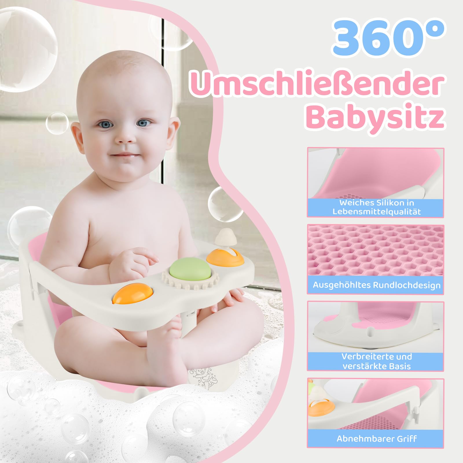 Aragallant Baby Badesitz ab 6 Monate, Badewannensitz mit 4-starken Saugnäpfen, Rutschfester Badesitz Baby mit Spielzeug, Sicherer Badstuhl für Kleinkinder (Rosa)