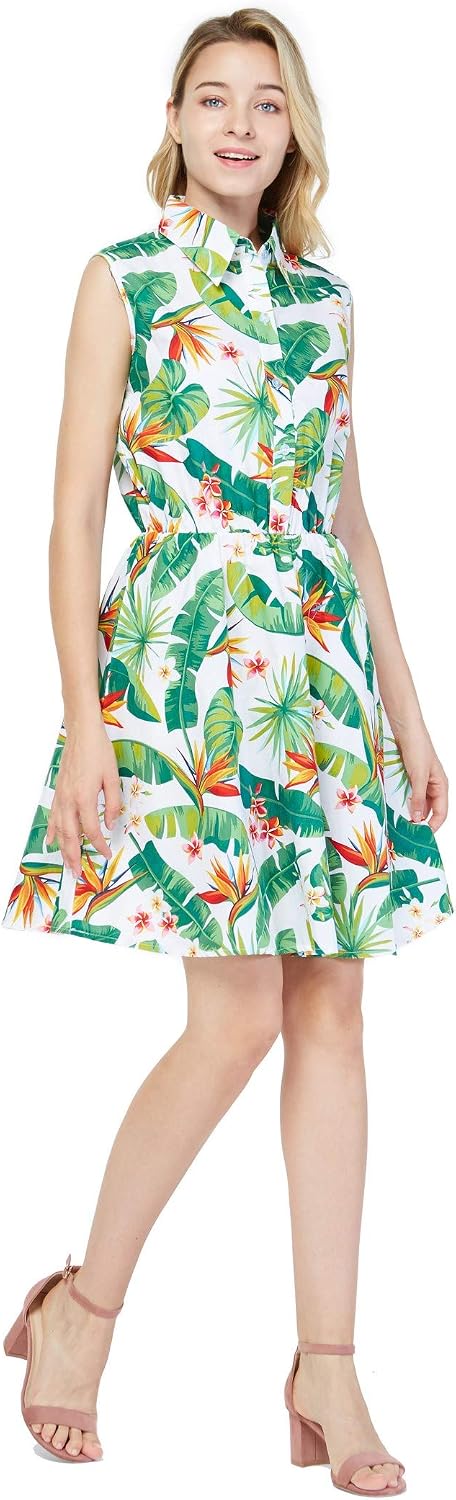 Hawaii Hangover Women's Flamingo Shirt Dress - 100% Cotton Fitted Dress With Tropical Print