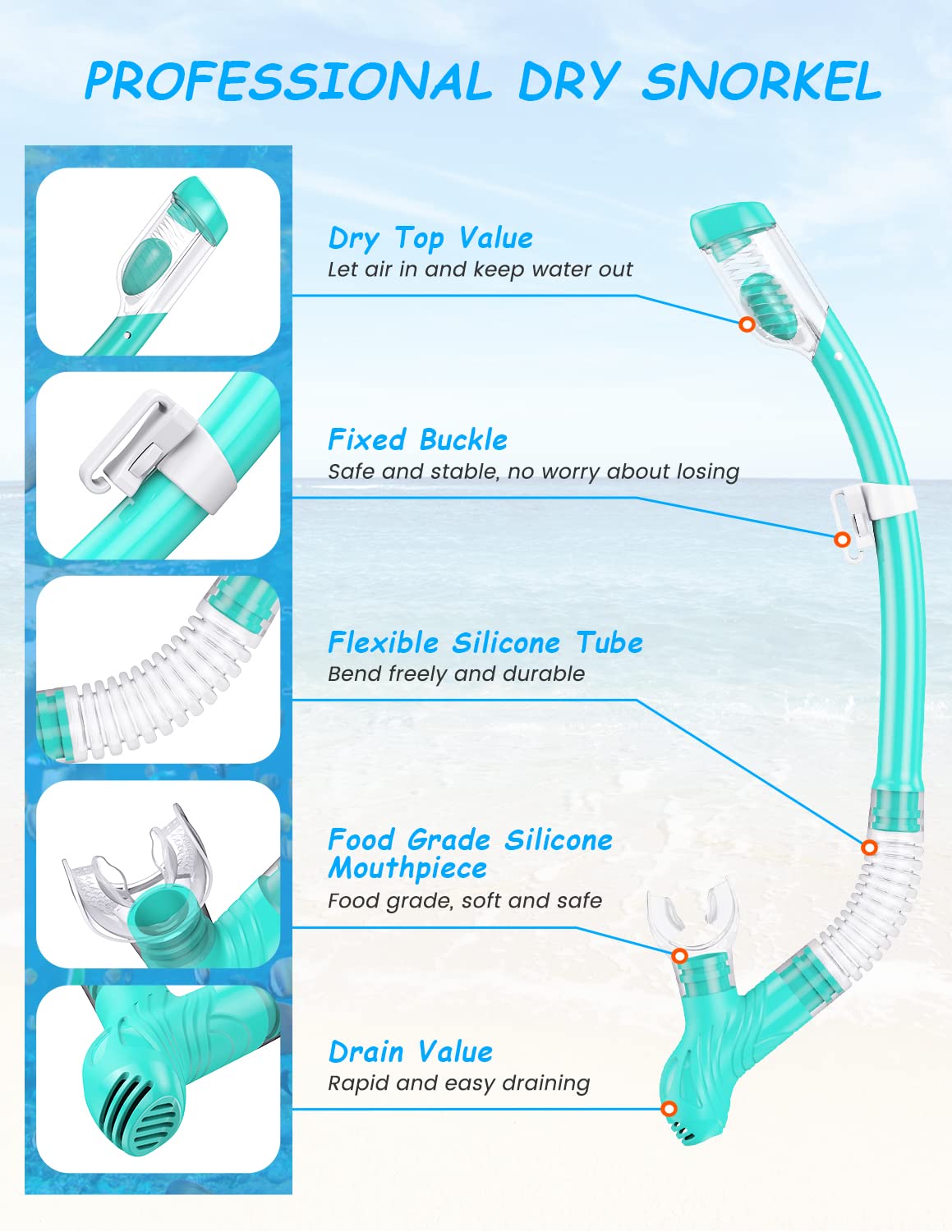 Snorkeling Gear for Adults, Snorkel Mask Set 180° Panoramic View Snorkel Gear, 100% Food-Grade Silicone Anti-Fog Anti-Leak Dry Top Diving Mask for Snorkeling Swimming Scuba Diving (Green+Transparent)