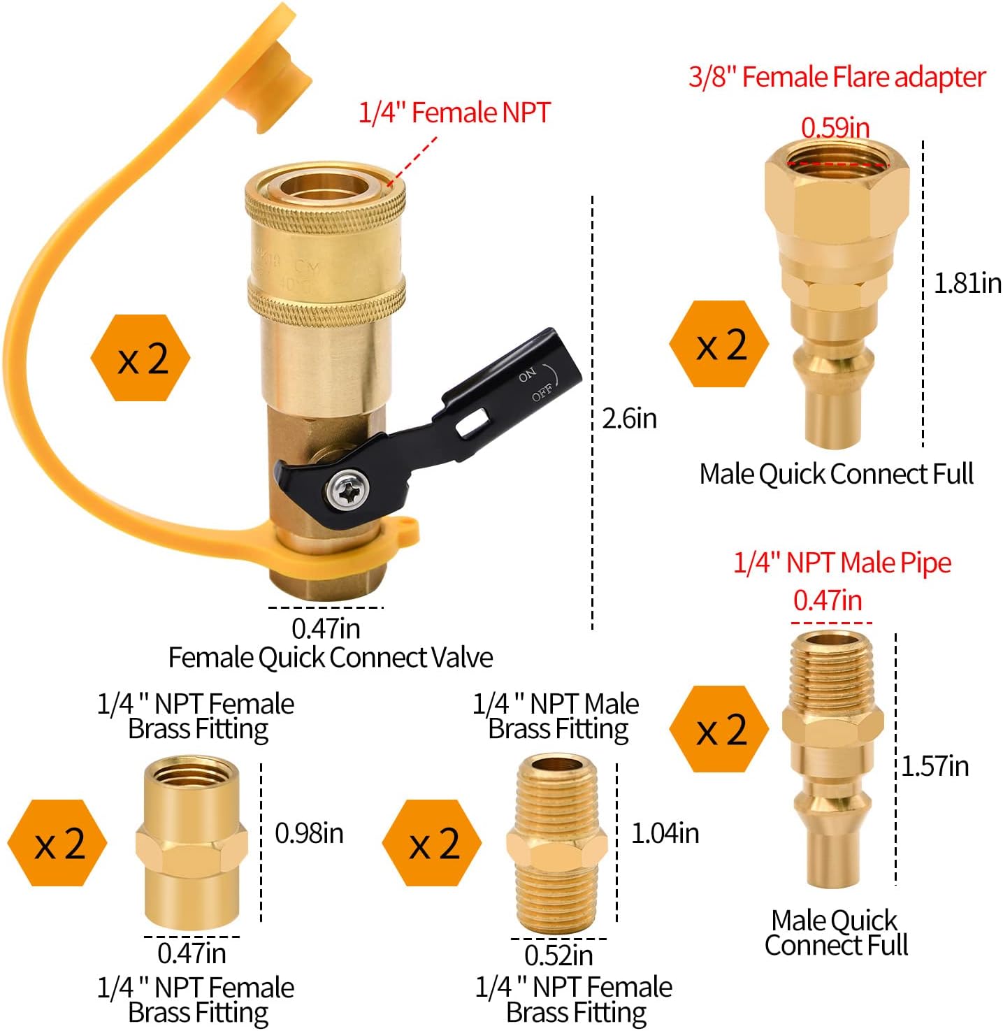 14pcs Propane Quick Connect Fittings,1/4" RV Propane Quick Connect Fittings Adapter with 3/8" Flare x 1/4" NPT Male Pipe Half-Union Fitting 1/4" Male NPT 1/4" Female NPT
