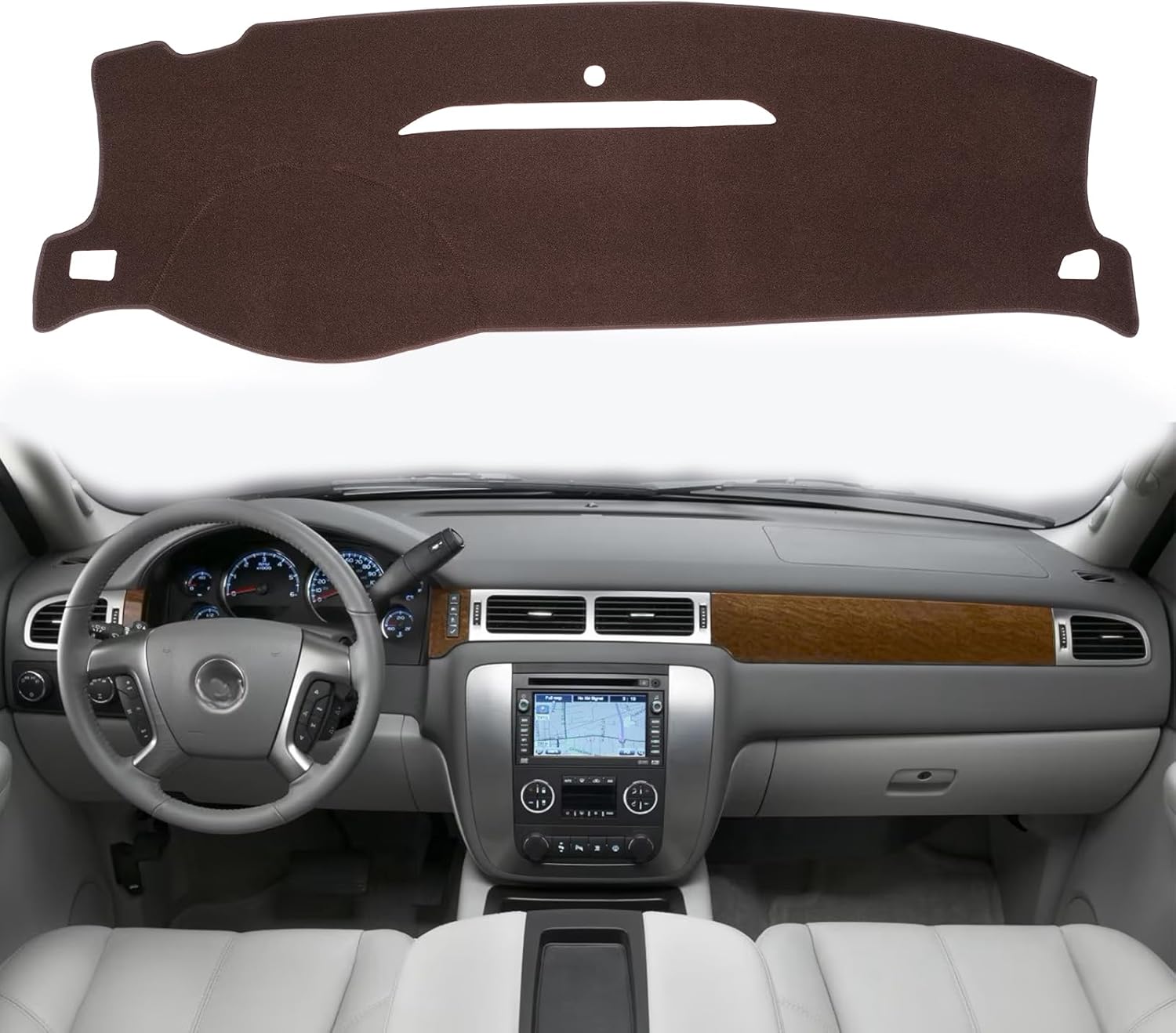 Dashboard Dash Cover Mat Carpet Compatible with 07-14 Chevy Tahoe Suburban Denali Avalanche GMC Yukon/XL,07-13 Chevy Silverado Sierra Without Dash Speaker and Only One Glove Box(07-14 Brown)